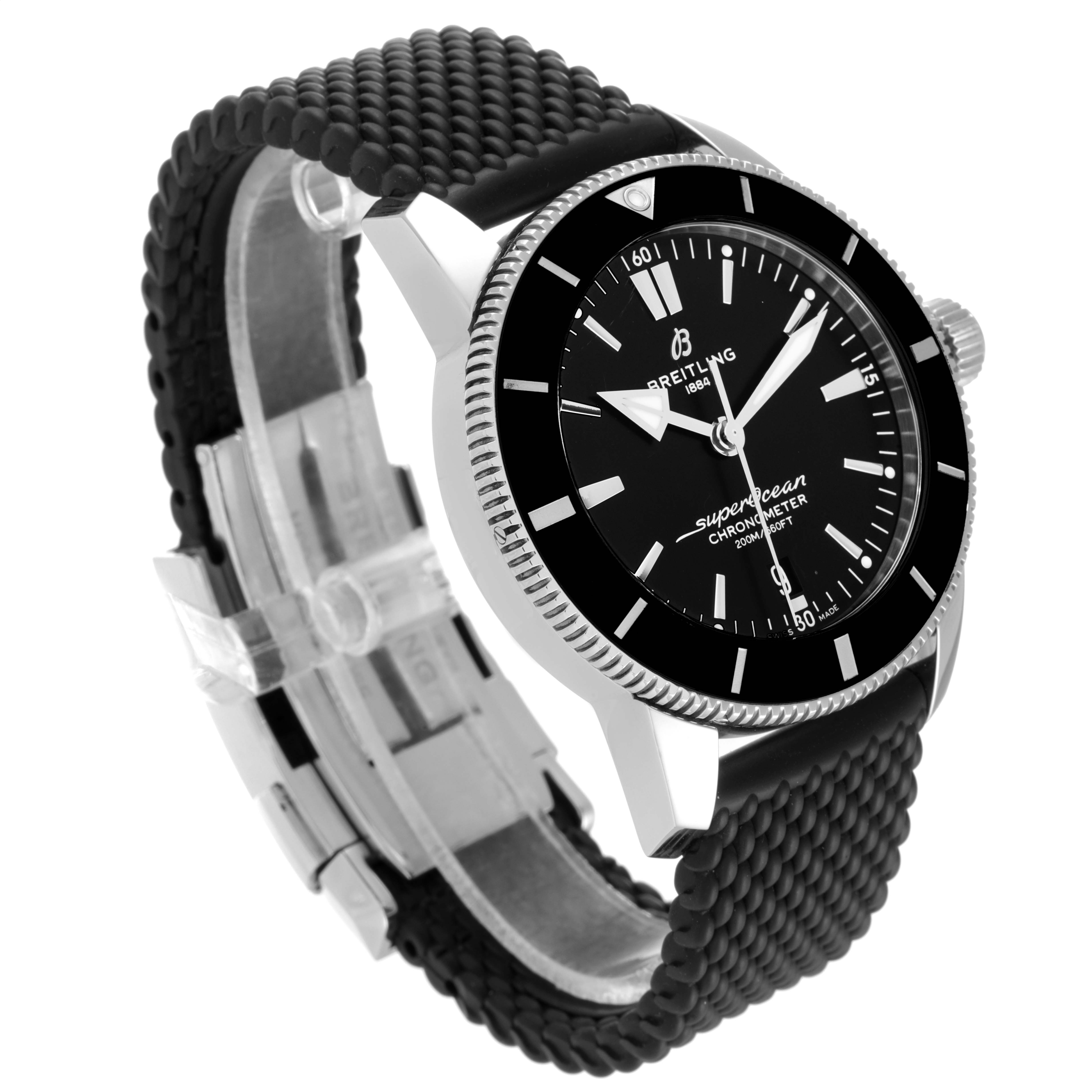 The image shows a side angle of the Breitling Superocean AB2030 Men's Stainless Steel Black Dial AB2030 Men's Stainless Steel Black Dial watch with a focus on the dial, bezel, and strap.