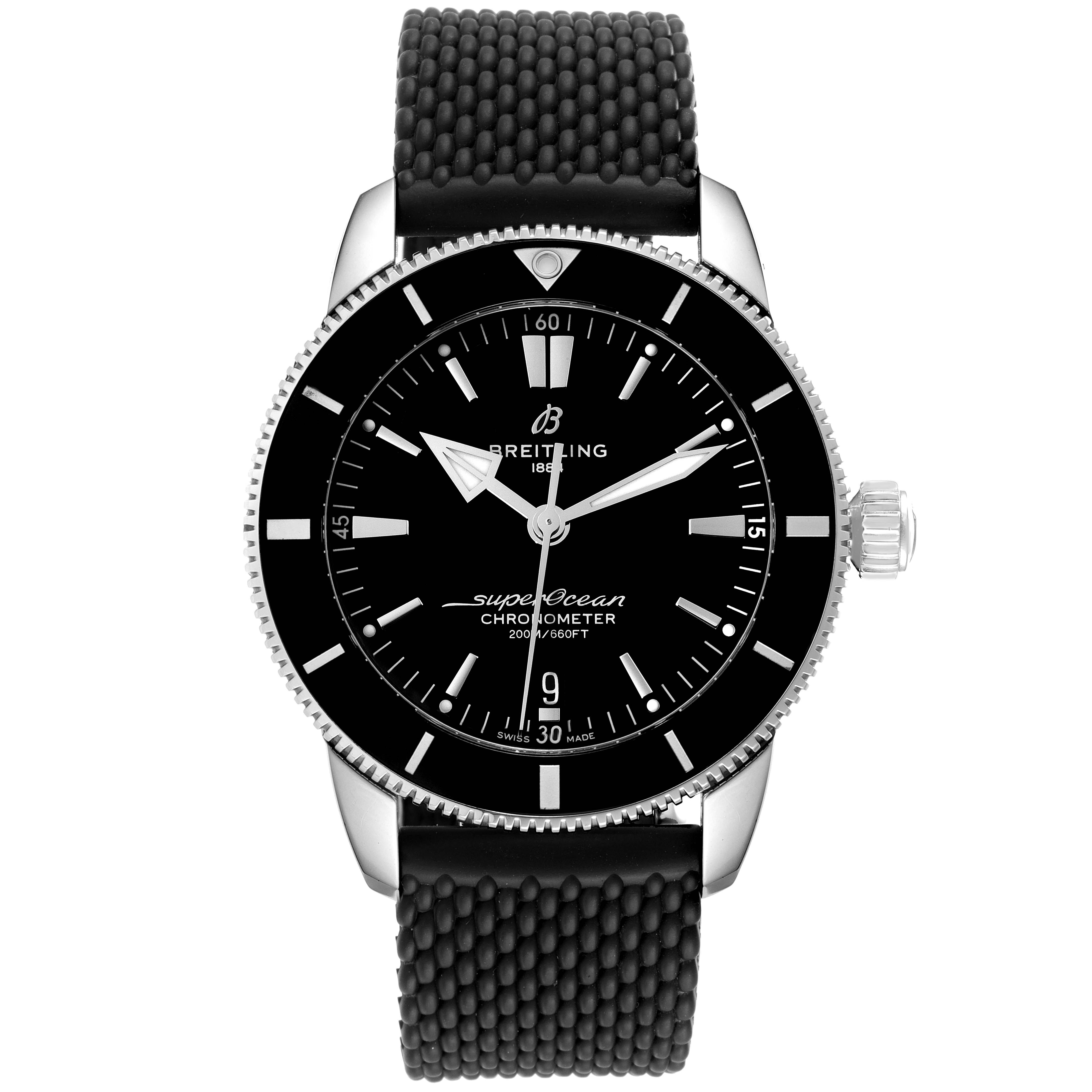 This image shows a front view of a Breitling Superocean AB2030 Men's Stainless Steel Black Dial AB2030 Men's Stainless Steel Black Dial watch with a black dial and a textured black strap.