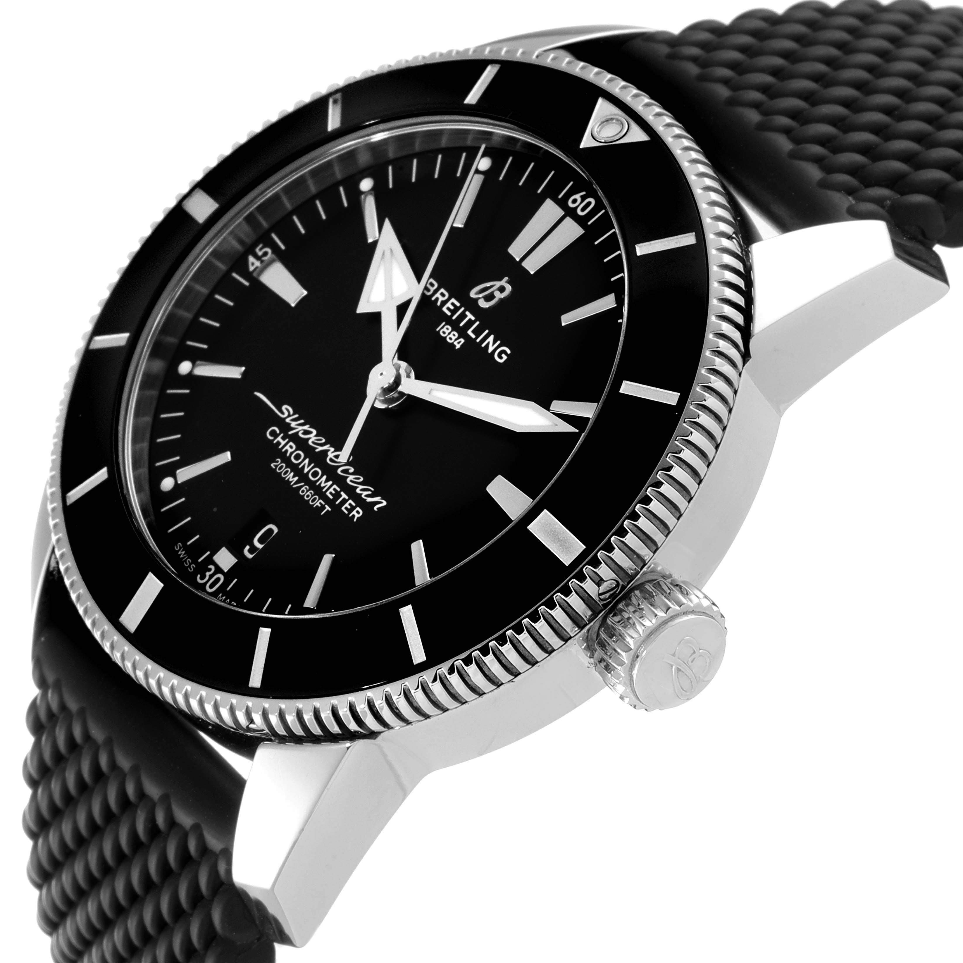 The image shows a close-up side angle of the Breitling Superocean AB2030 Men's Stainless Steel Black Dial AB2030 Men's Stainless Steel Black Dial watch, highlighting the bezel, dial, crown, and rubber strap.