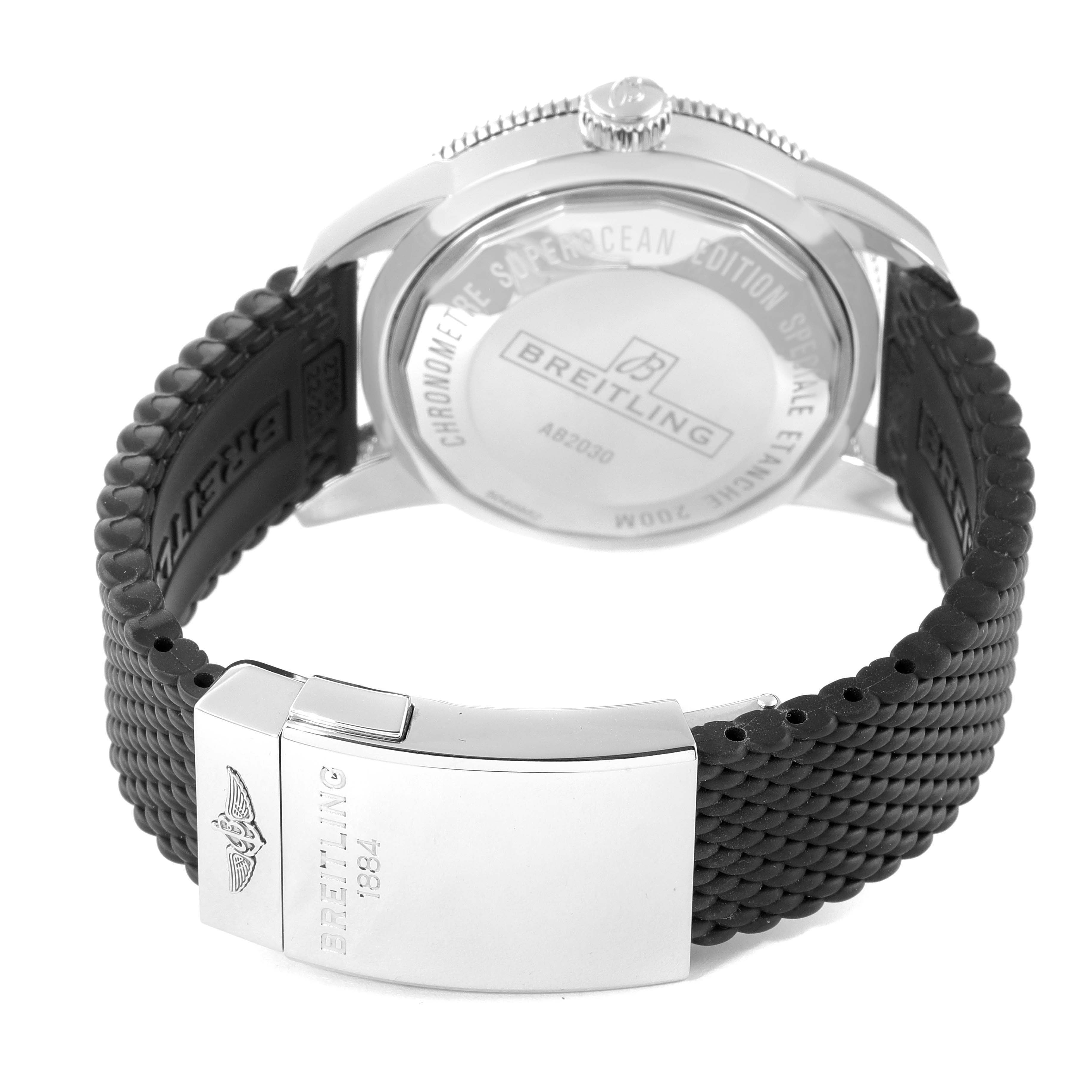 This image shows the back and clasp of a Breitling Superocean AB2030 Men's Stainless Steel Black Dial AB2030 Men's Stainless Steel Black Dial watch, highlighting its case back and rubber strap.