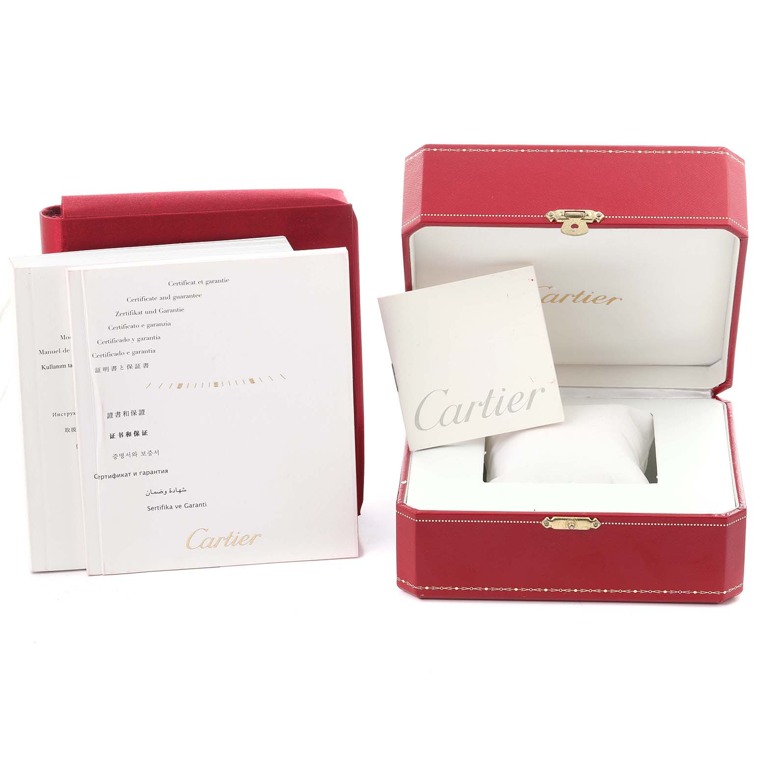 The image shows a Cartier Ballon Bleu WE902064 Men
s Rose Gold Silver Dial WE902064 Men
s Rose Gold Silver Dial watch box, warranty, and manual at various angles.