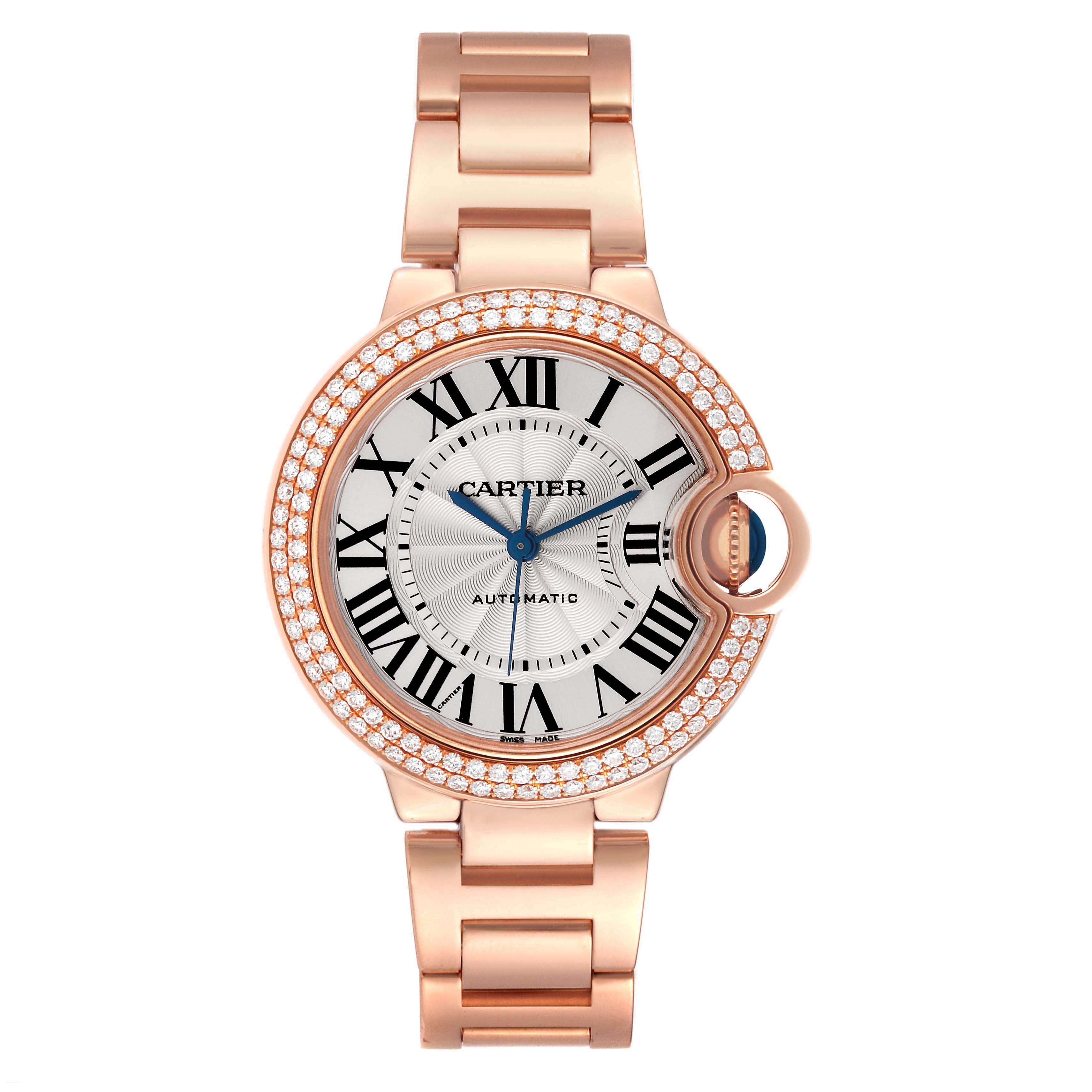 The Cartier Ballon Bleu WE902064 Men
s Rose Gold Silver Dial WE902064 Men
s Rose Gold Silver Dial watch is shown from the front, displaying the face, bezel, and bracelet.