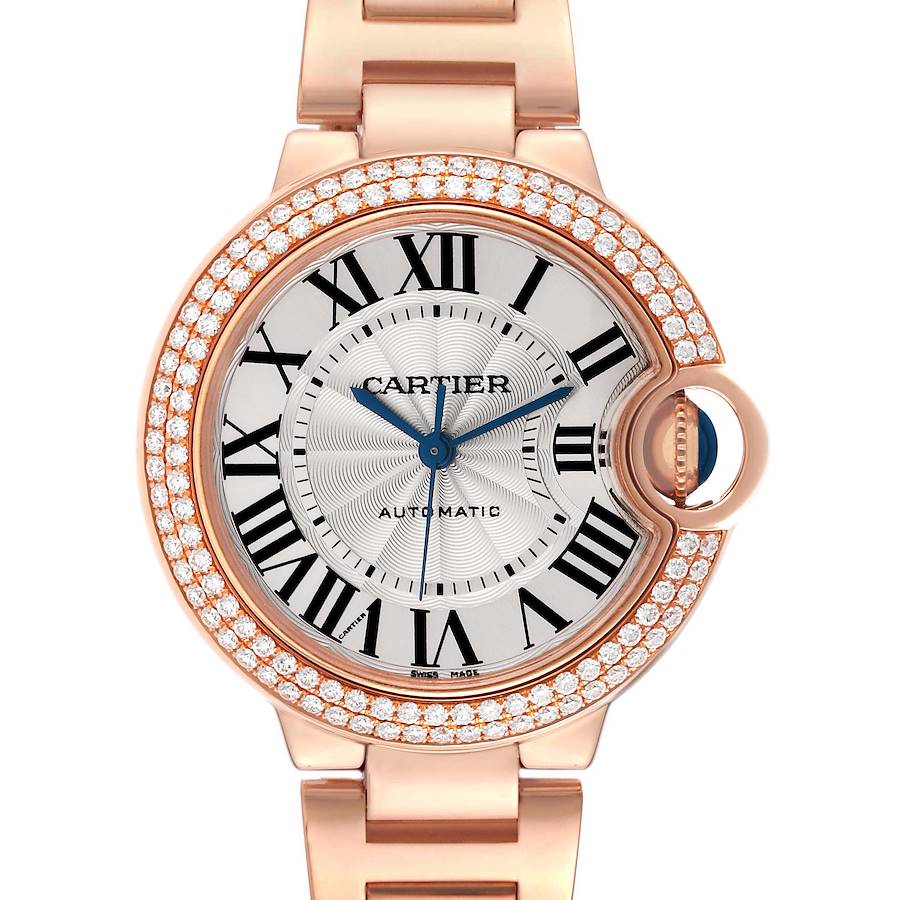 The Cartier Ballon Bleu watch is shown from a frontal angle, highlighting the face, Roman numerals, and diamond-set bezel.