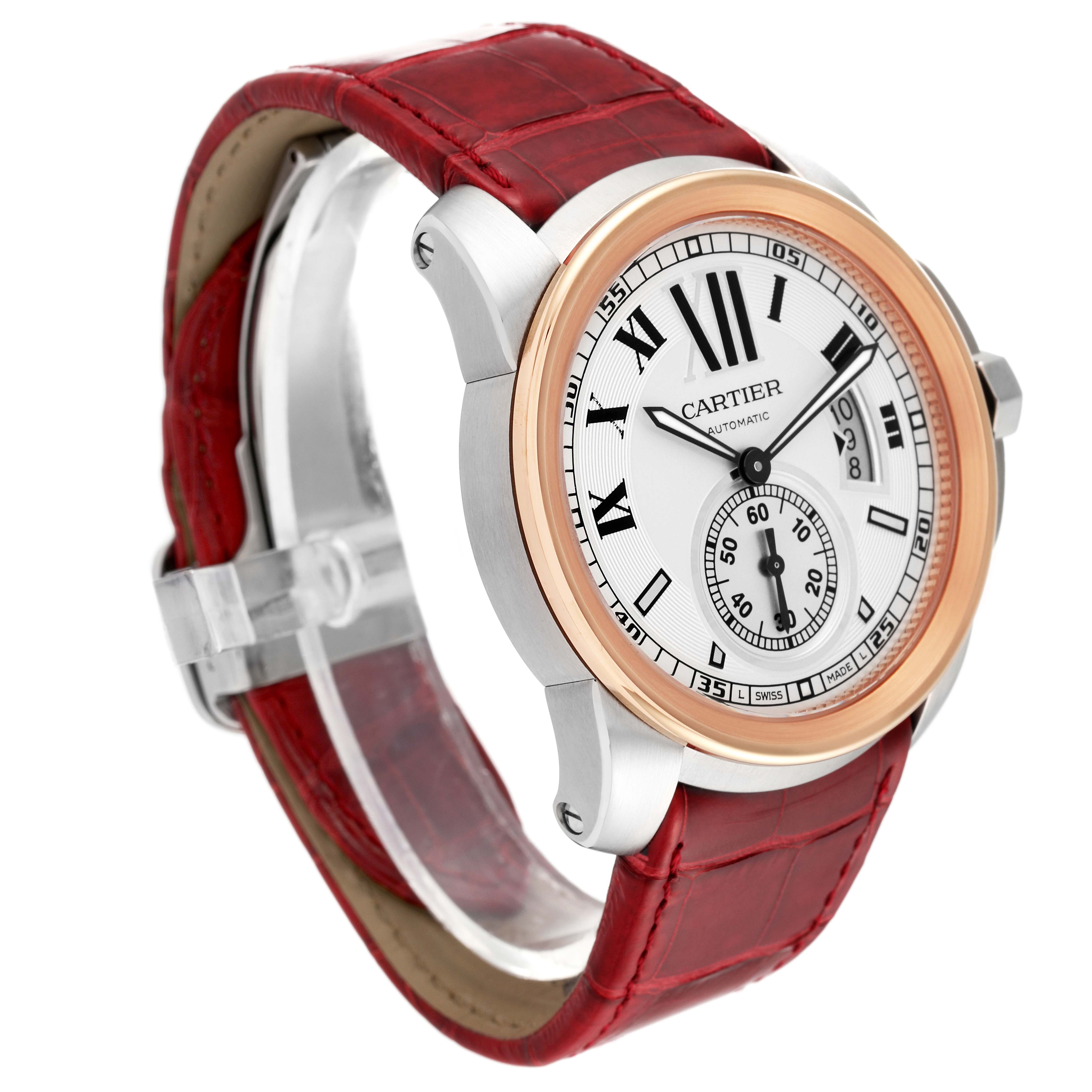 The image shows a side and front angle of a Calibre de Cartier watch by Cartier, highlighting its face, case, and red leather strap.