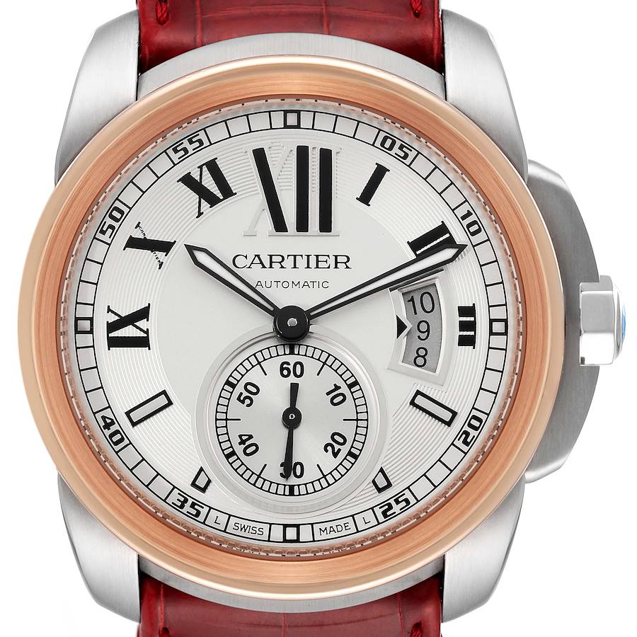 Cartier Calibre Steel Rose Gold Silver Dial Mens Watch W7100011 Box Papers SwissWatchExpo