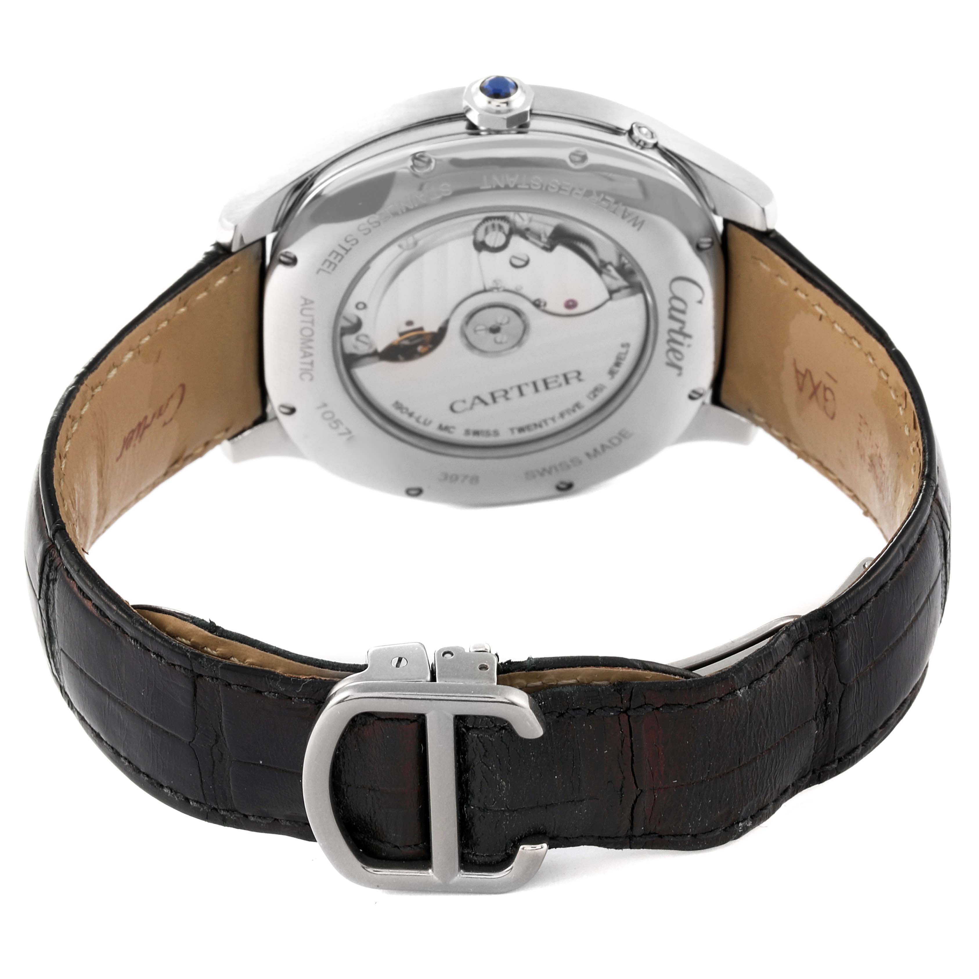 The image shows the back view of a Drive de Cartier watch by Cartier, revealing its inner mechanisms and leather strap.