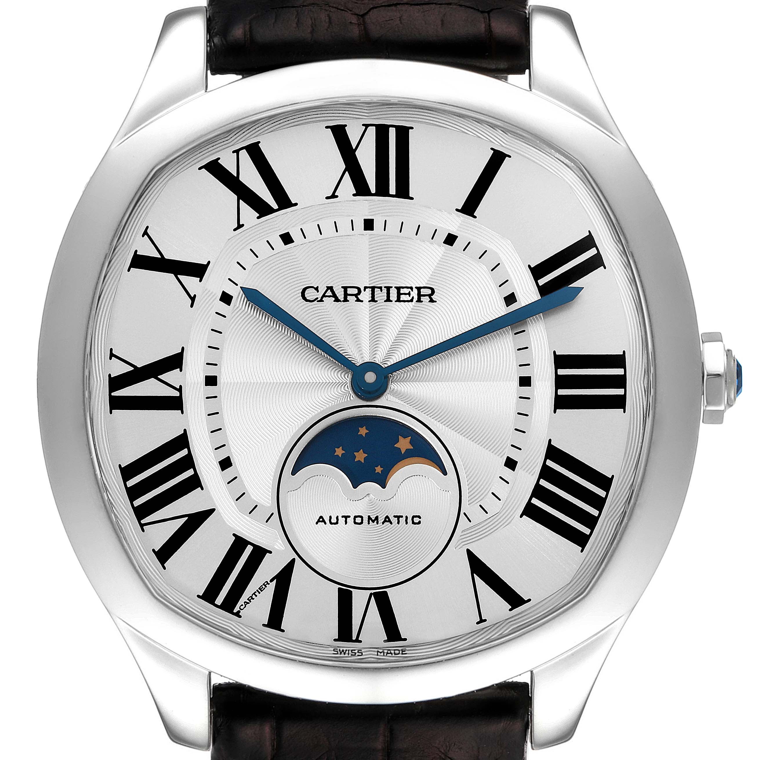 The Drive de Cartier watch by Cartier is shown from a front view, highlighting its silver dial, Roman numerals, blue hands, and moon phase feature.