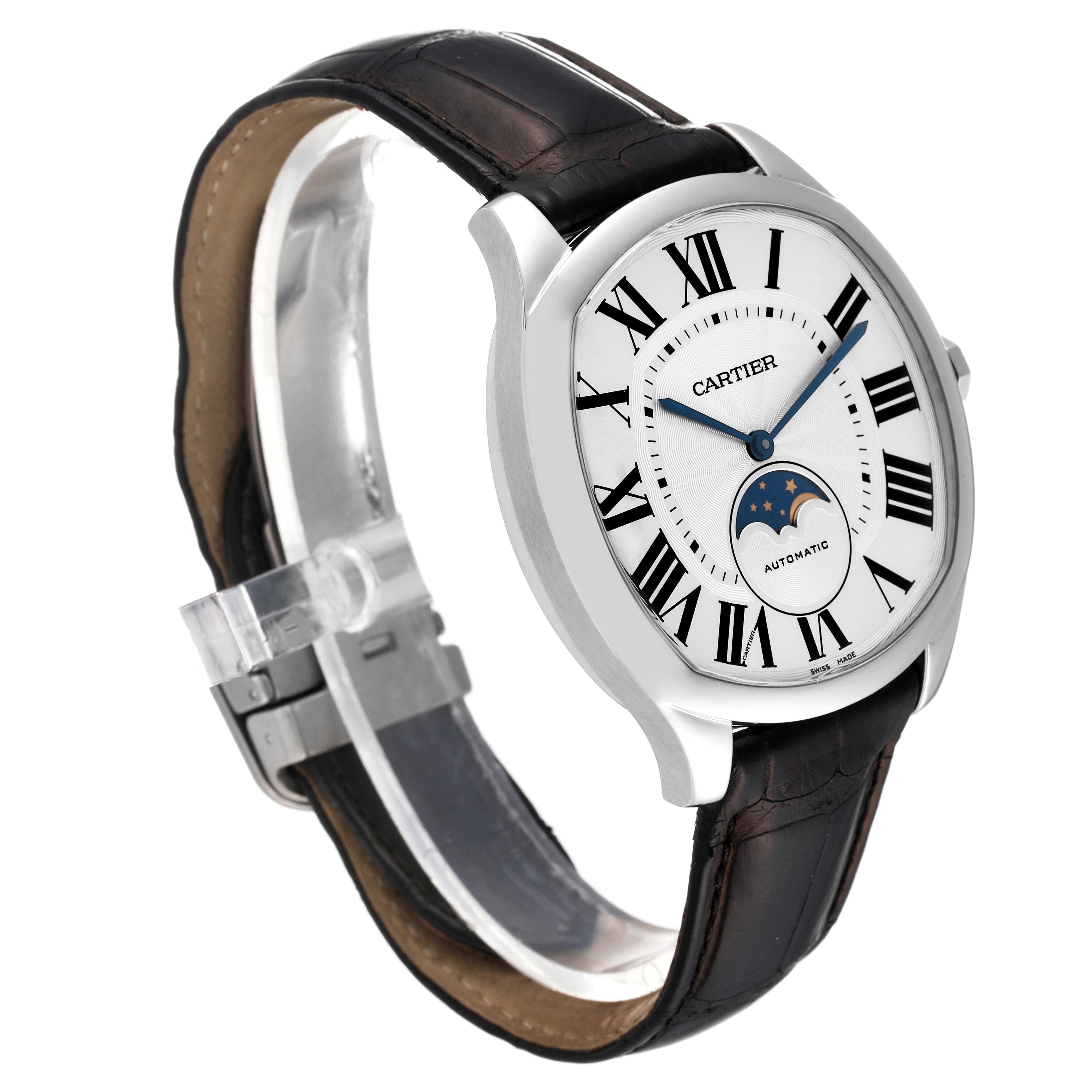 This image shows a Drive de Cartier watch by Cartier, angled to display the front face, side profile, and part of the leather strap.