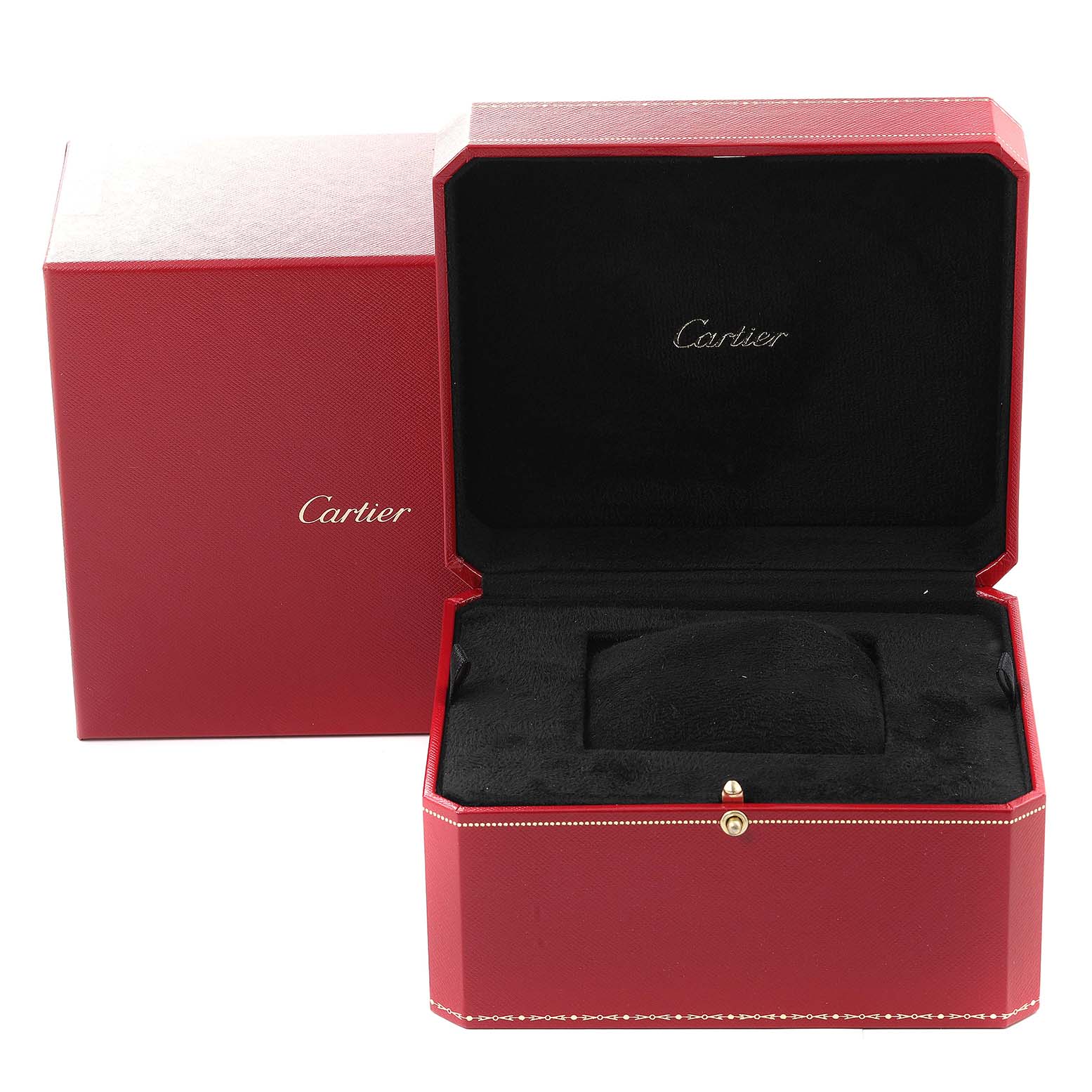 The image shows the open red box packaging for the Drive de Cartier model by Cartier, with the black interior visible.