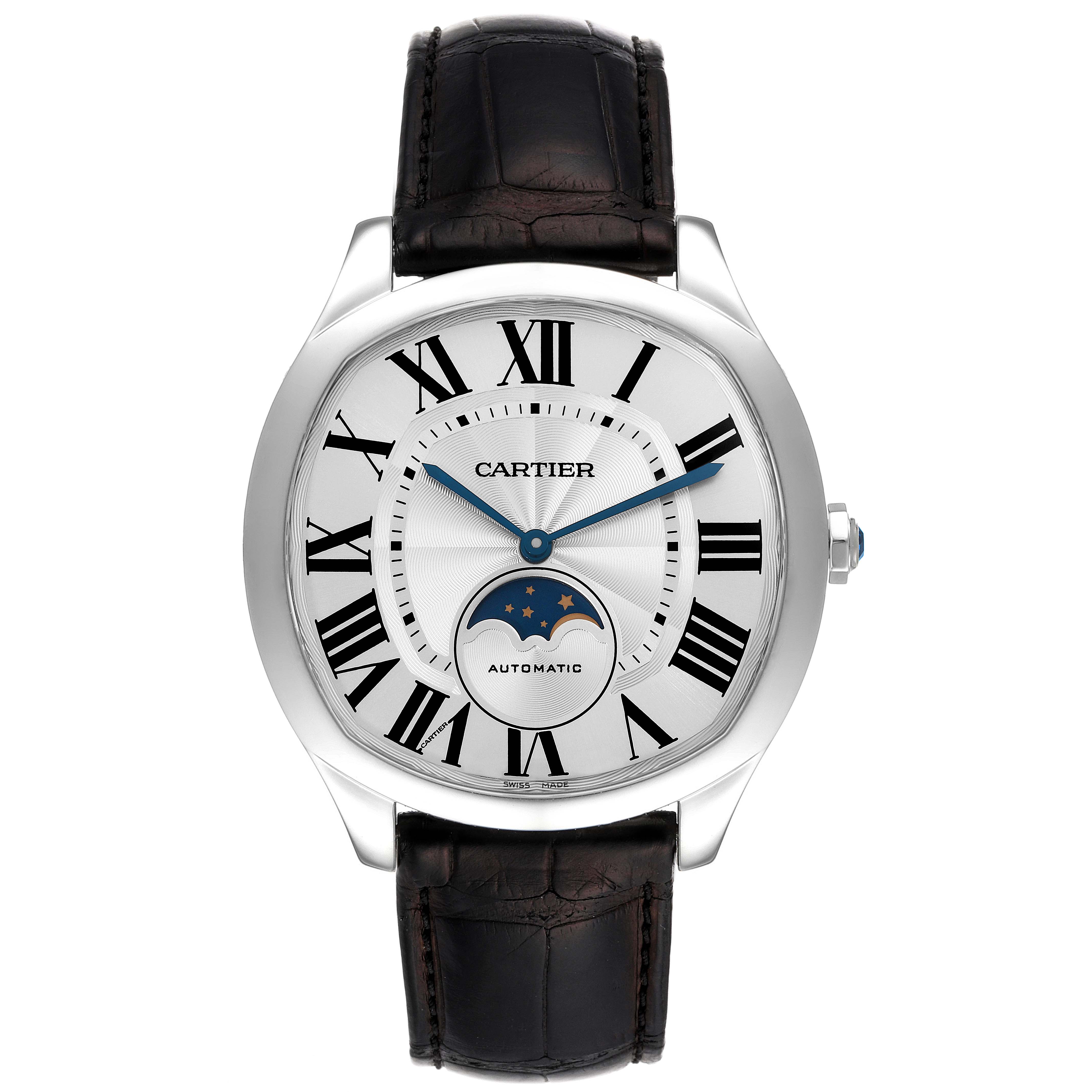 The image shows a frontal view of a Cartier Drive de Cartier WSNM0008 Men
s Stainless Steel Silver Dial WSNM0008 Men
s Stainless Steel Silver Dial watch, featuring its dial, hands, and moon phase complication.