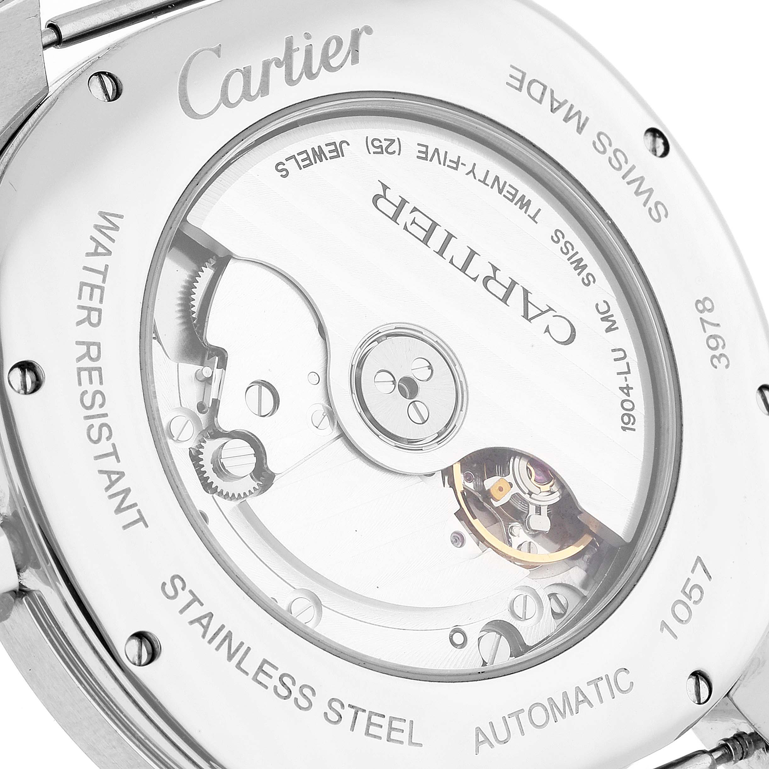 The image shows the back case of a Drive de Cartier watch by Cartier, highlighting its automatic movement and stainless steel construction.