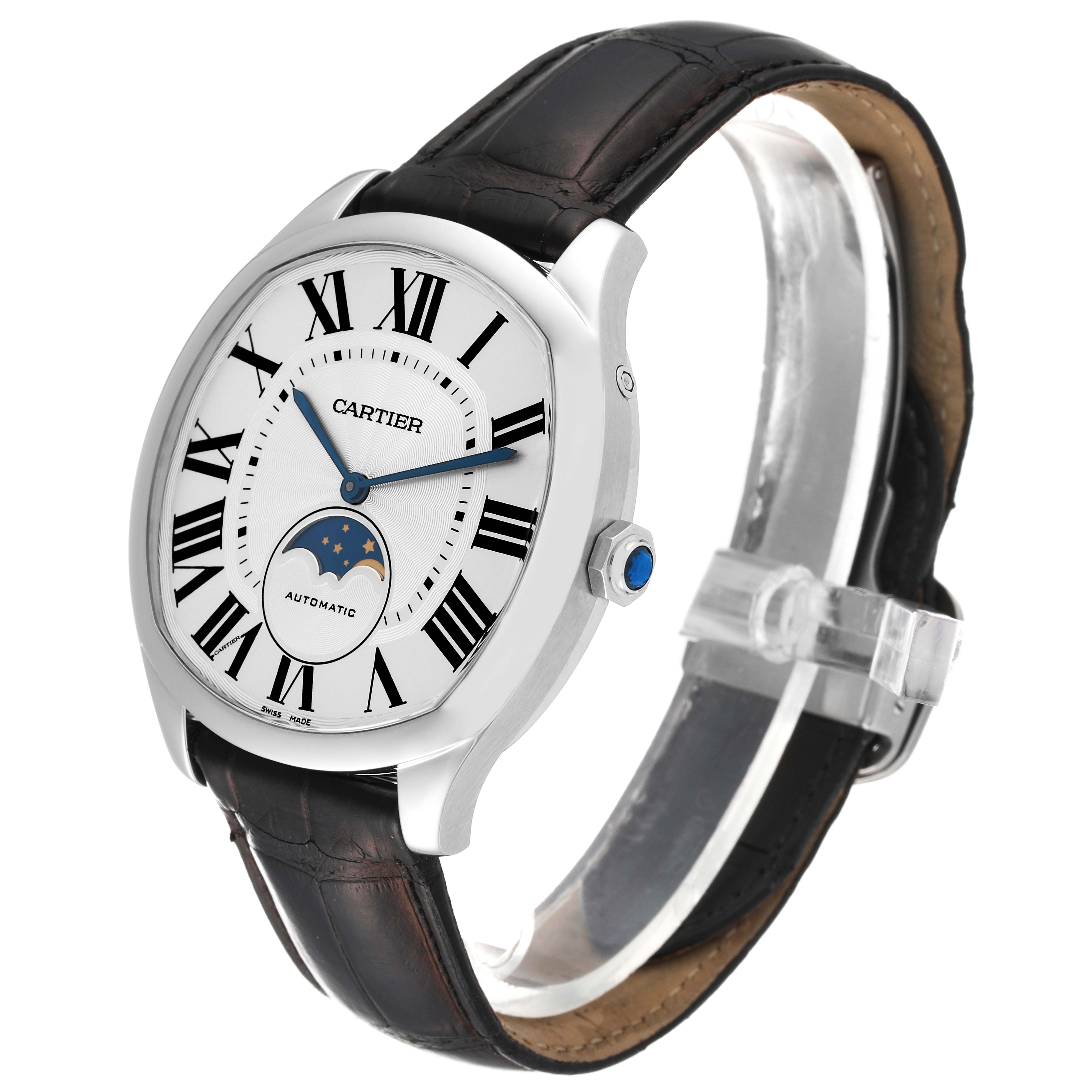 The image shows a side angle of the Drive de Cartier watch by Cartier, highlighting the dial, case, and strap.