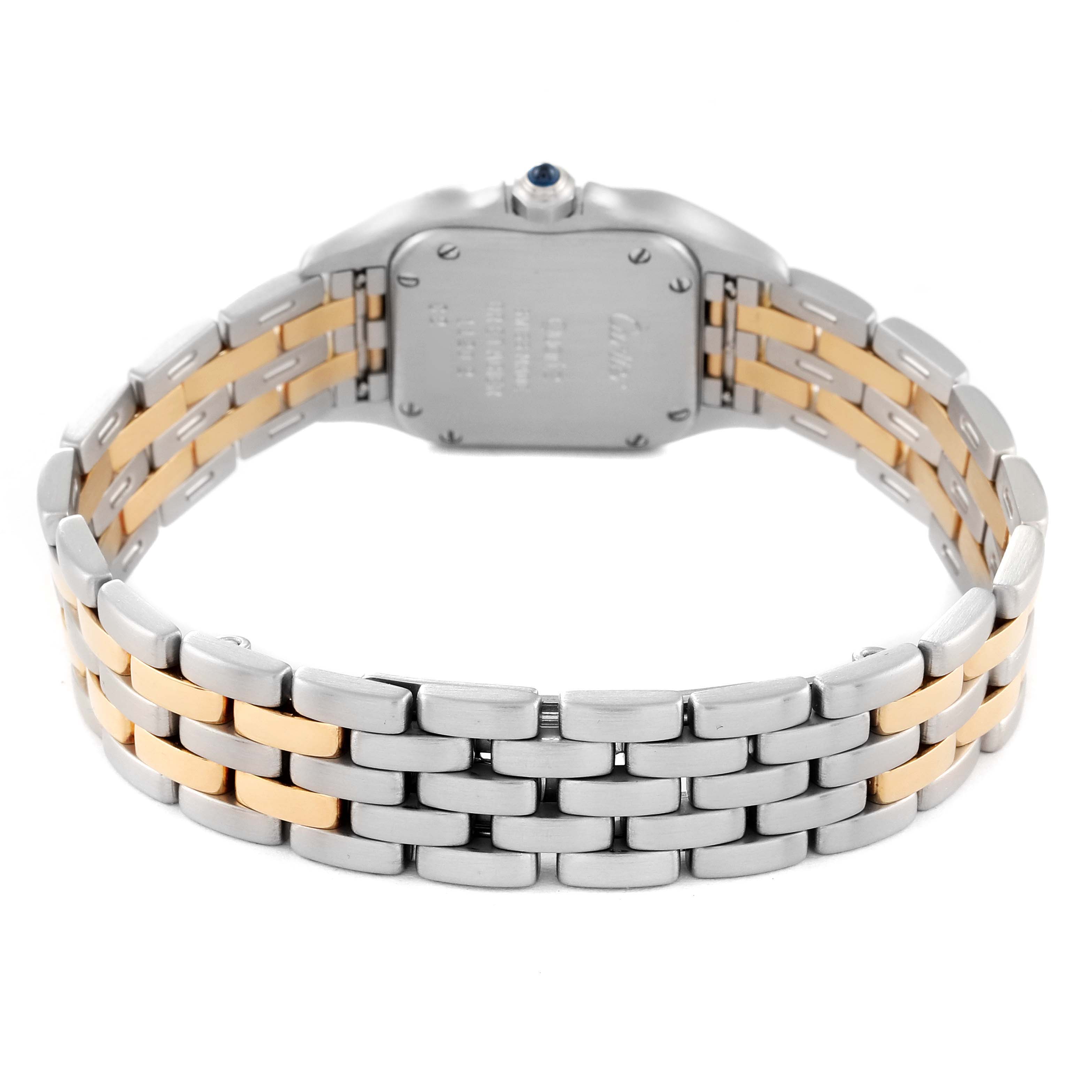 This Cartier Panthere W25029B6 Women's Steel and Gold (two tone) Silver Dial W25029B6 Women's Steel and Gold (two tone) Silver Dial watch is shown from the back, highlighting its two-tone bracelet and case back with inscriptions.