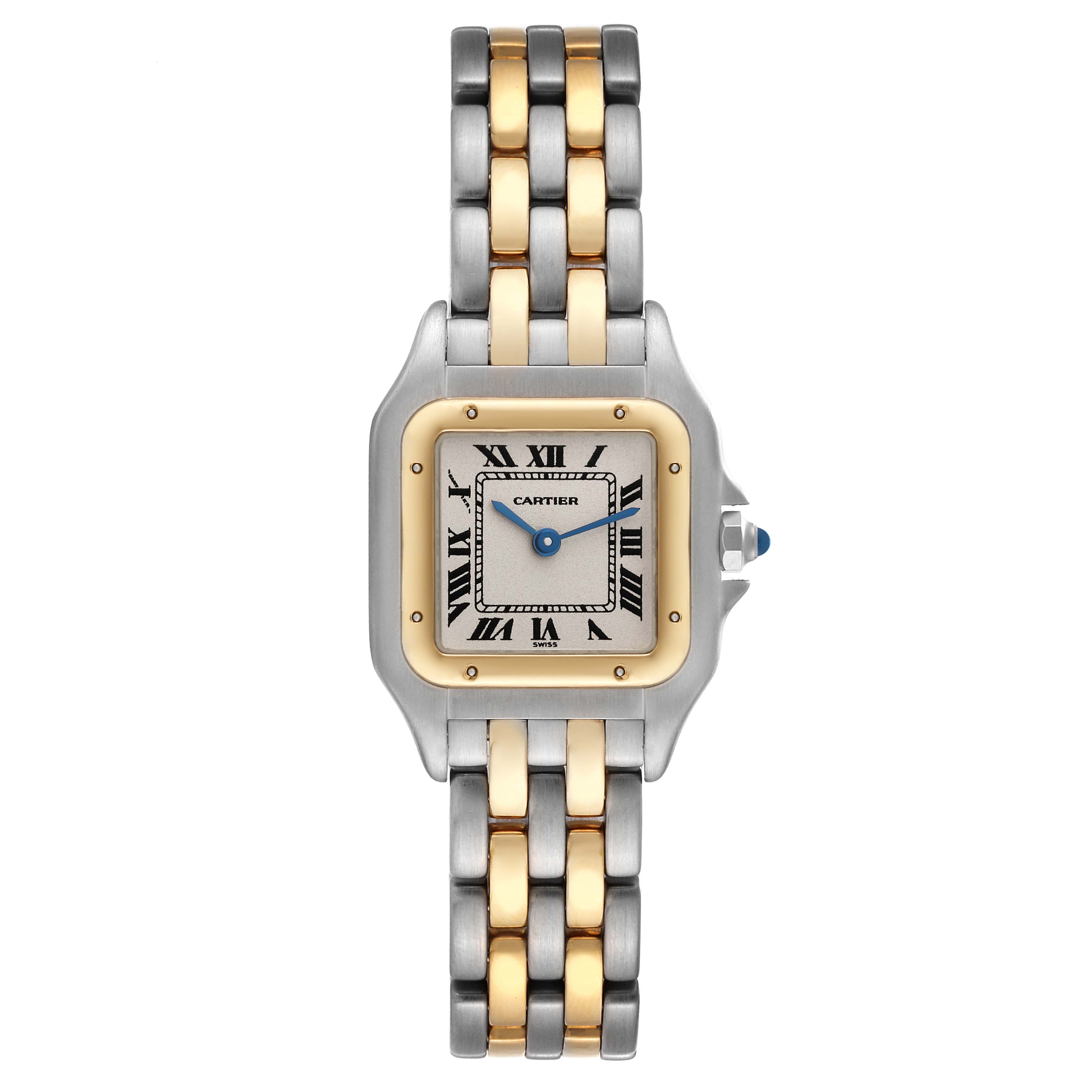 The image shows a frontal view of the Cartier Panthere W25029B6 Women's Steel and Gold (two tone) Silver Dial W25029B6 Women's Steel and Gold (two tone) Silver Dial watch, displaying its two-tone metal bracelet and square dial with Roman numerals.