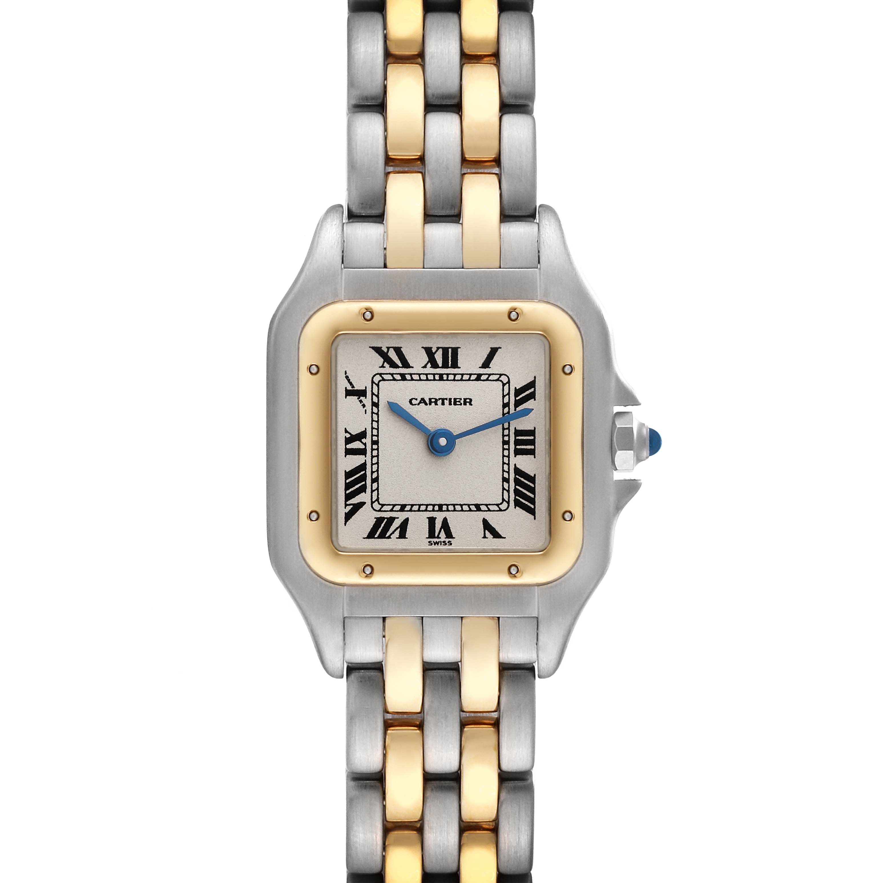 The image shows a Cartier Panthere W25029B6 Women's Steel and Gold (two tone) Silver Dial W25029B6 Women's Steel and Gold (two tone) Silver Dial watch from a front view, highlighting its square face, Roman numerals, and two-tone metal bracelet.