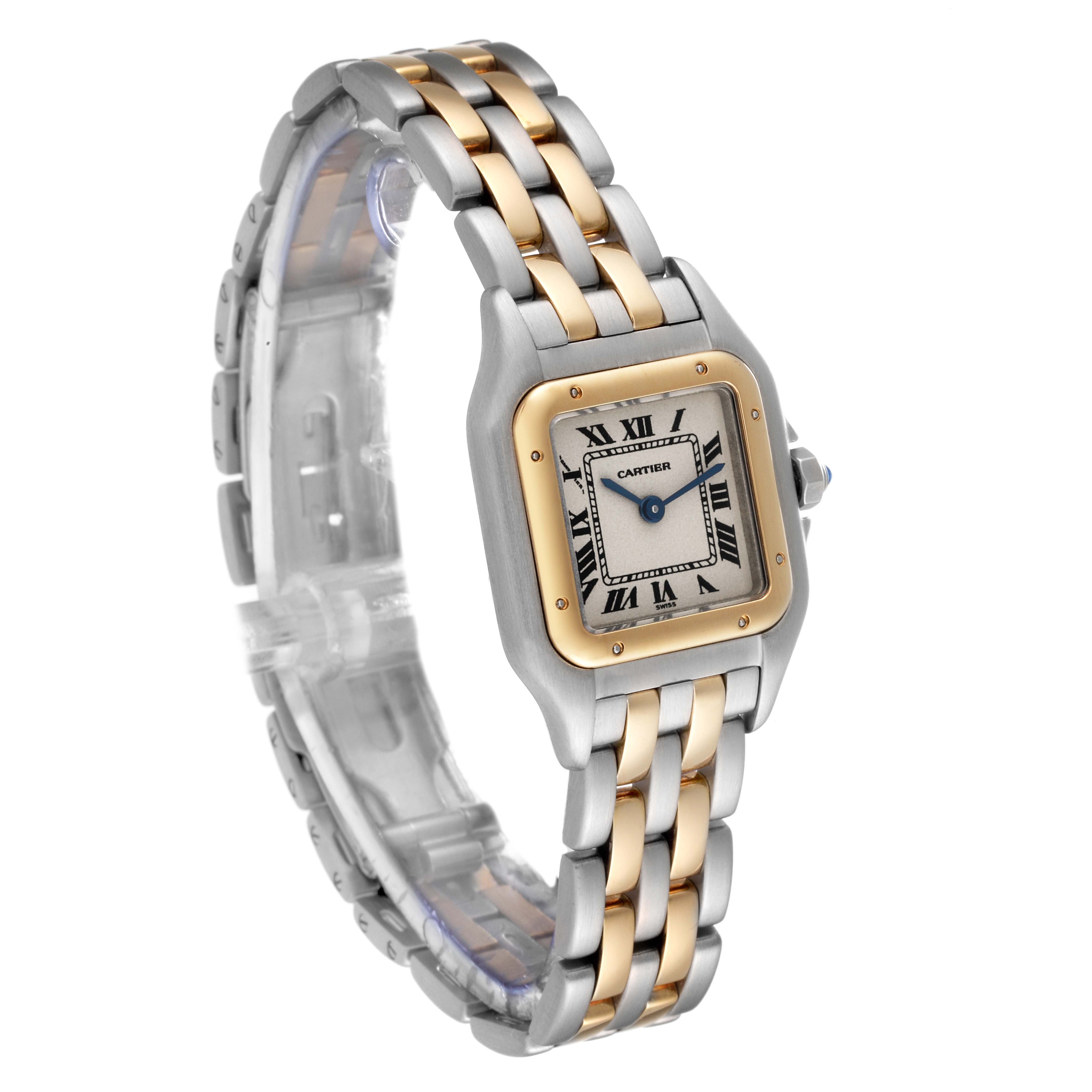 The image shows a Cartier Panthere W25029B6 Women's Steel and Gold (two tone) Silver Dial W25029B6 Women's Steel and Gold (two tone) Silver Dial watch at an angle, highlighting its gold and silver bracelet and square face.