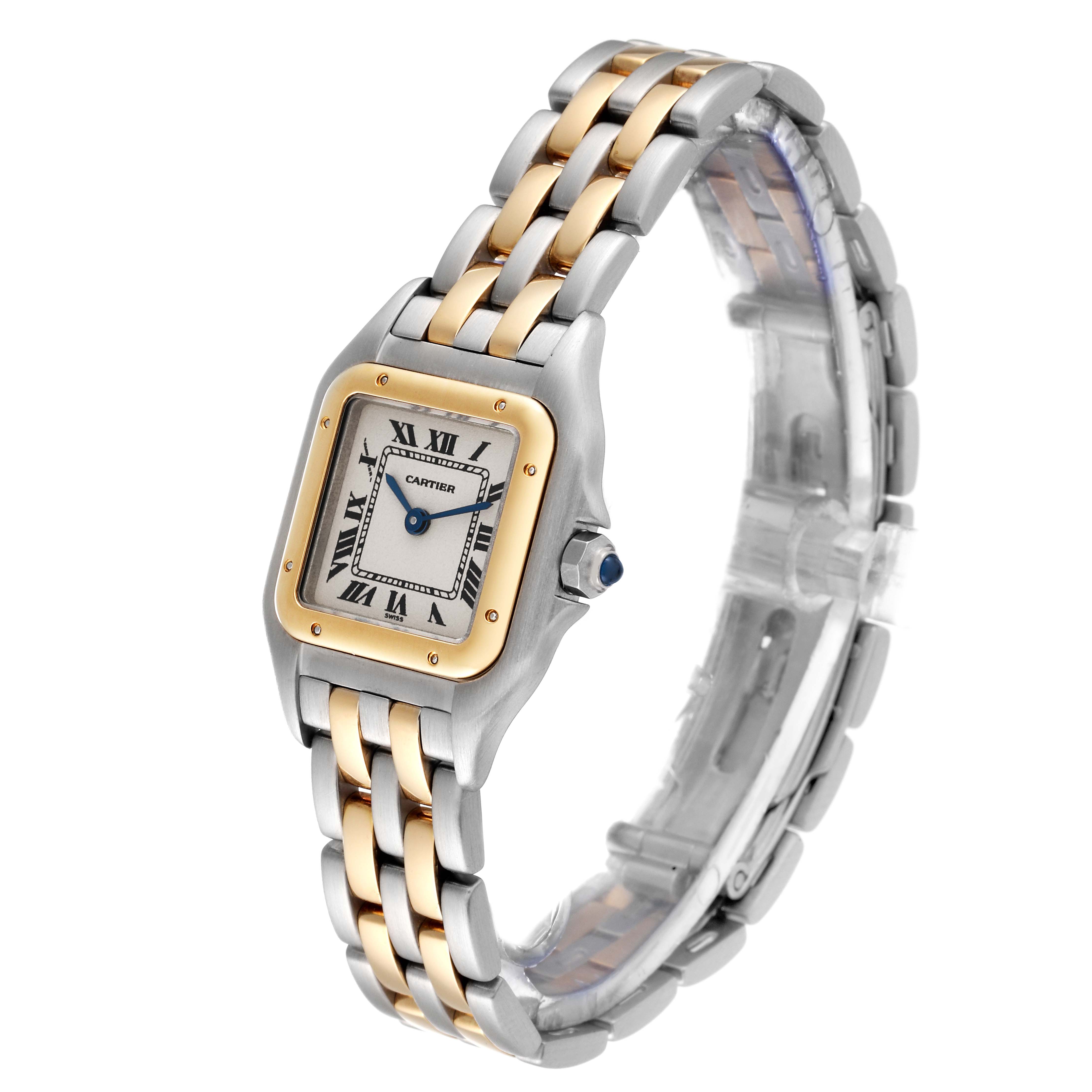This image shows a Cartier Panthere W25029B6 Women's Steel and Gold (two tone) Silver Dial W25029B6 Women's Steel and Gold (two tone) Silver Dial watch at a slight angle, highlighting its two-tone metal bracelet and square dial.