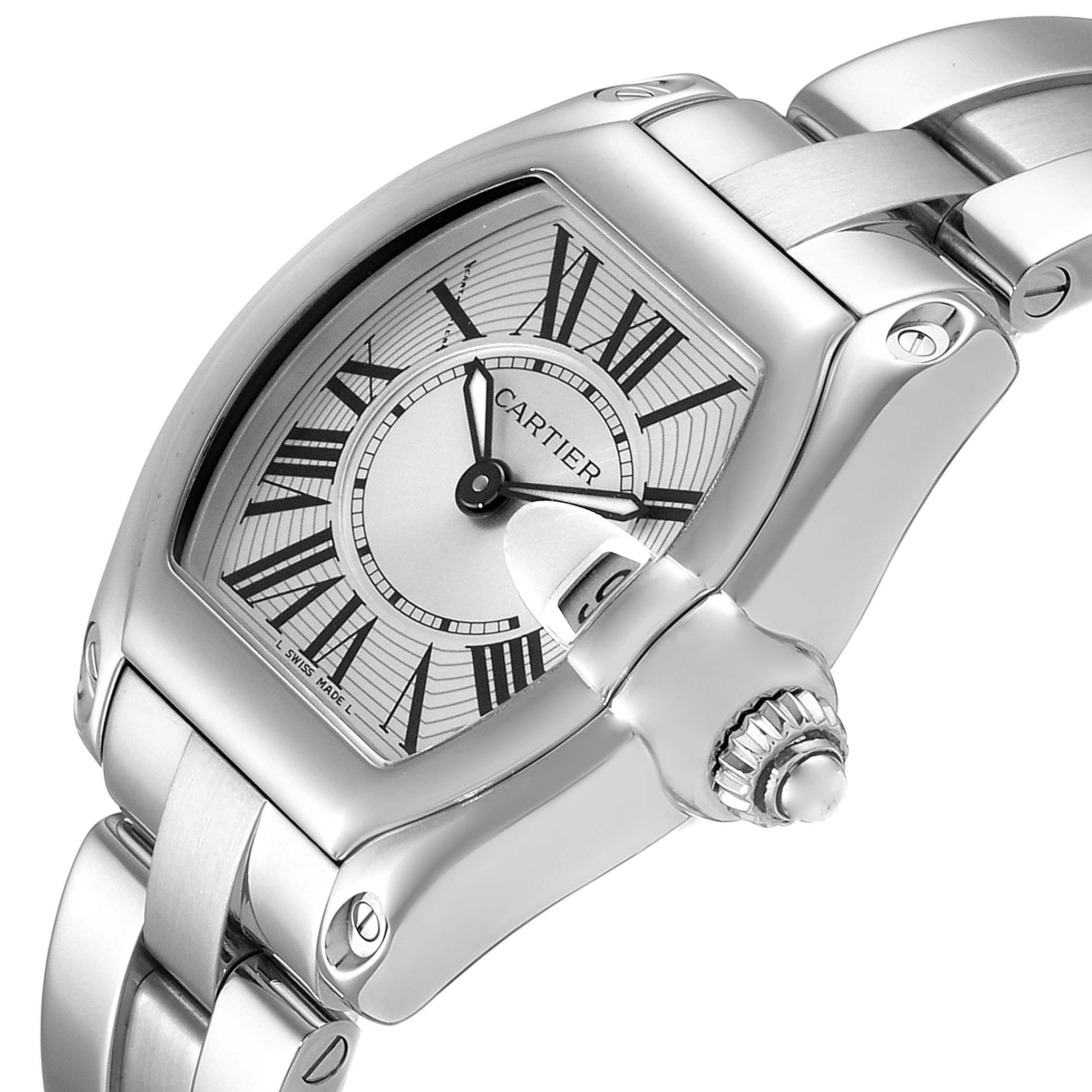 This image shows a close-up angle of the Cartier Roadster W62016V3 Women's Stainless Steel Silver Dial W62016V3 Women's Stainless Steel Silver Dial watch, highlighting the face, crown, and part of the bracelet.