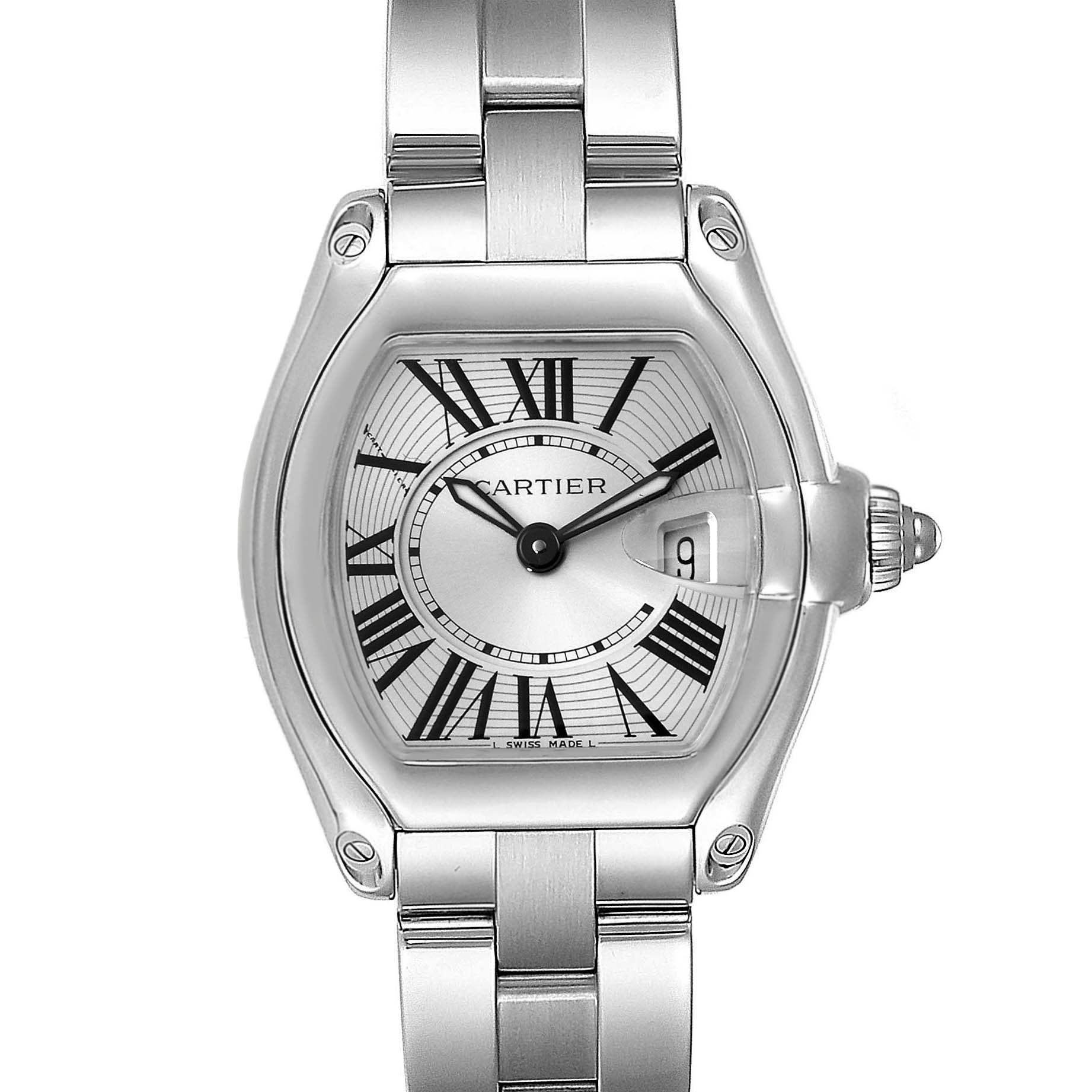 This image shows a front view of a Cartier Roadster W62016V3 Women's Stainless Steel Silver Dial W62016V3 Women's Stainless Steel Silver Dial watch, highlighting its face, dial, and part of the band.