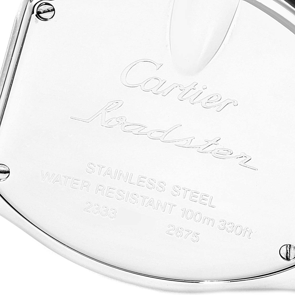 This image shows the stainless steel back case of a Cartier Roadster W62016V3 Women's Stainless Steel Silver Dial W62016V3 Women's Stainless Steel Silver Dial watch, highlighting its water resistance and model details.