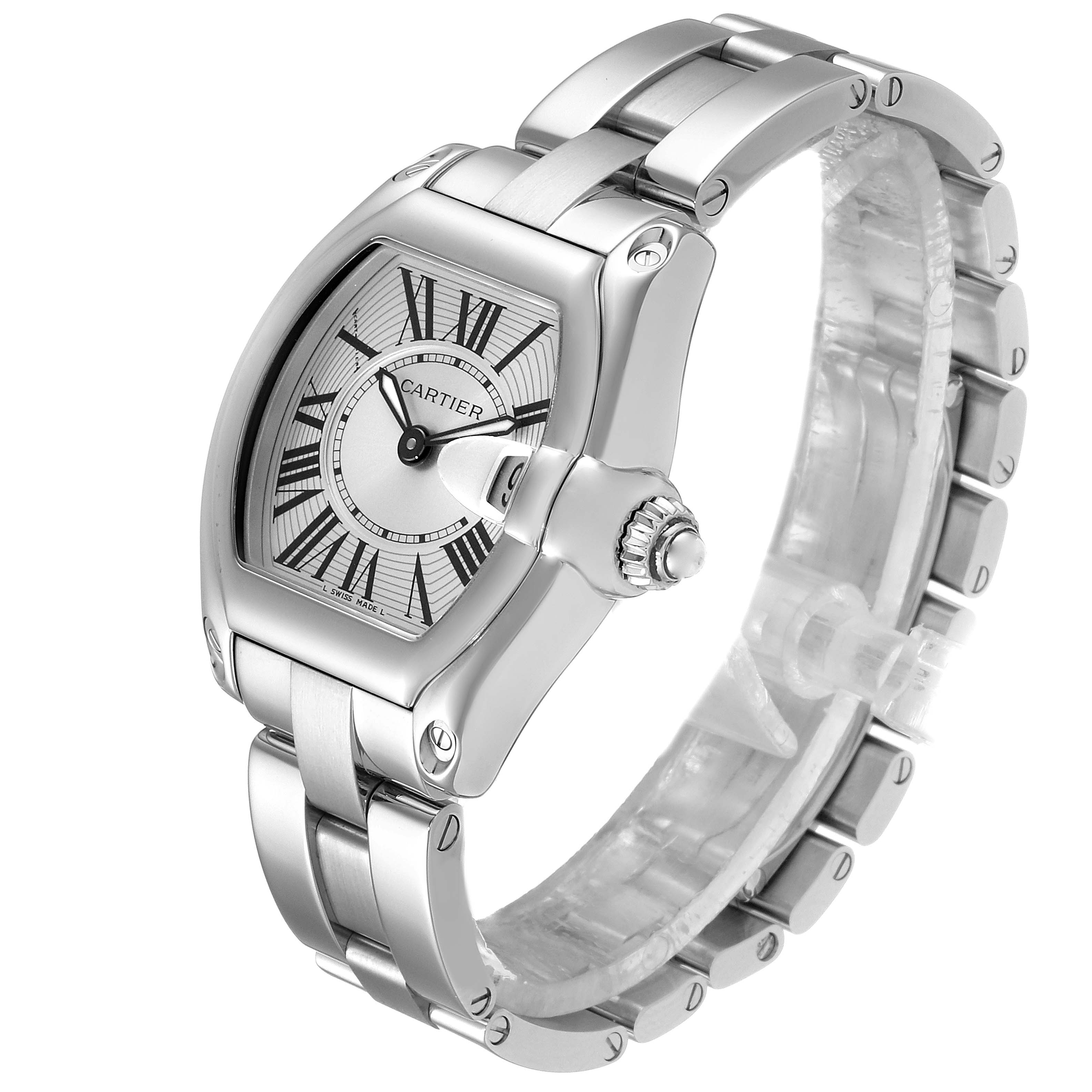 The Cartier Roadster W62016V3 Women's Stainless Steel Silver Dial W62016V3 Women's Stainless Steel Silver Dial watch is shown from a front-right angle, displaying the face, crown, and stainless steel bracelet.