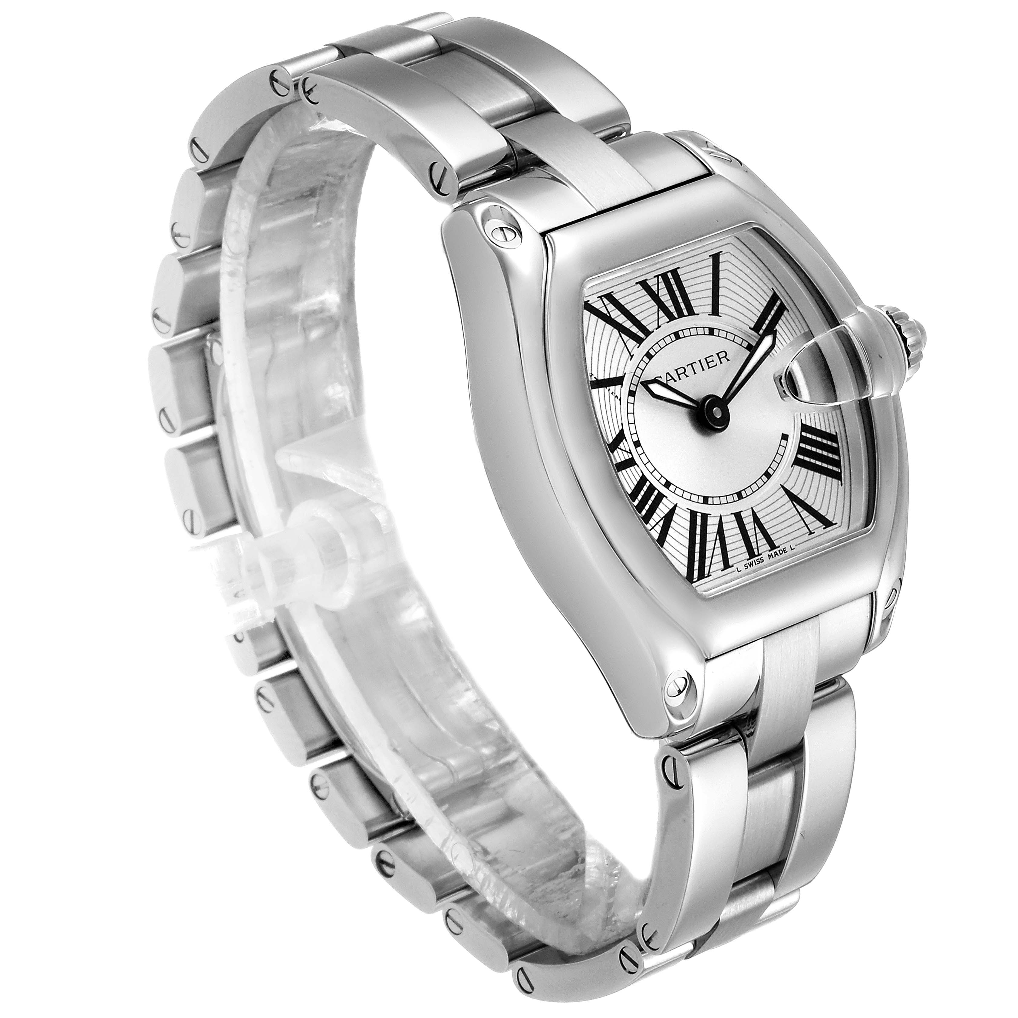 The Cartier Roadster W62016V3 Women's Stainless Steel Silver Dial W62016V3 Women's Stainless Steel Silver Dial watch is shown at a three-quarter angle, focusing on the dial, case, and bracelet.