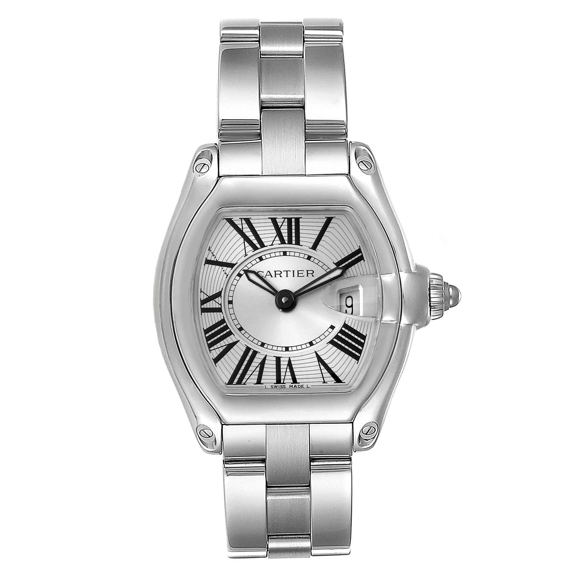 The image shows a Cartier Roadster W62016V3 Women's Stainless Steel Silver Dial W62016V3 Women's Stainless Steel Silver Dial watch viewed from the front, highlighting its face, bezel, and part of the bracelet.