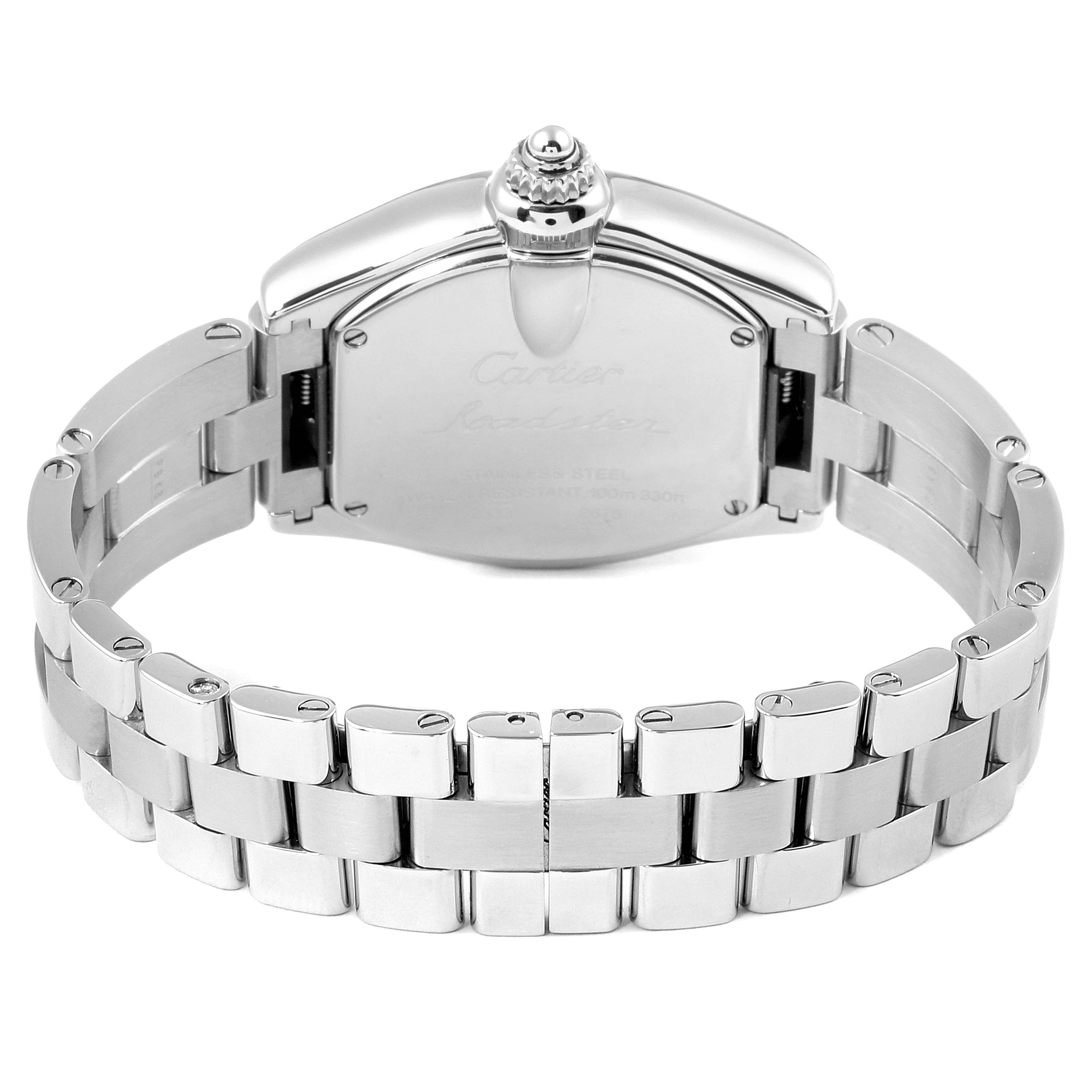 The image shows the back view of the Cartier Roadster W62016V3 Women's Stainless Steel Silver Dial W62016V3 Women's Stainless Steel Silver Dial watch, highlighting the metal bracelet and case back.
