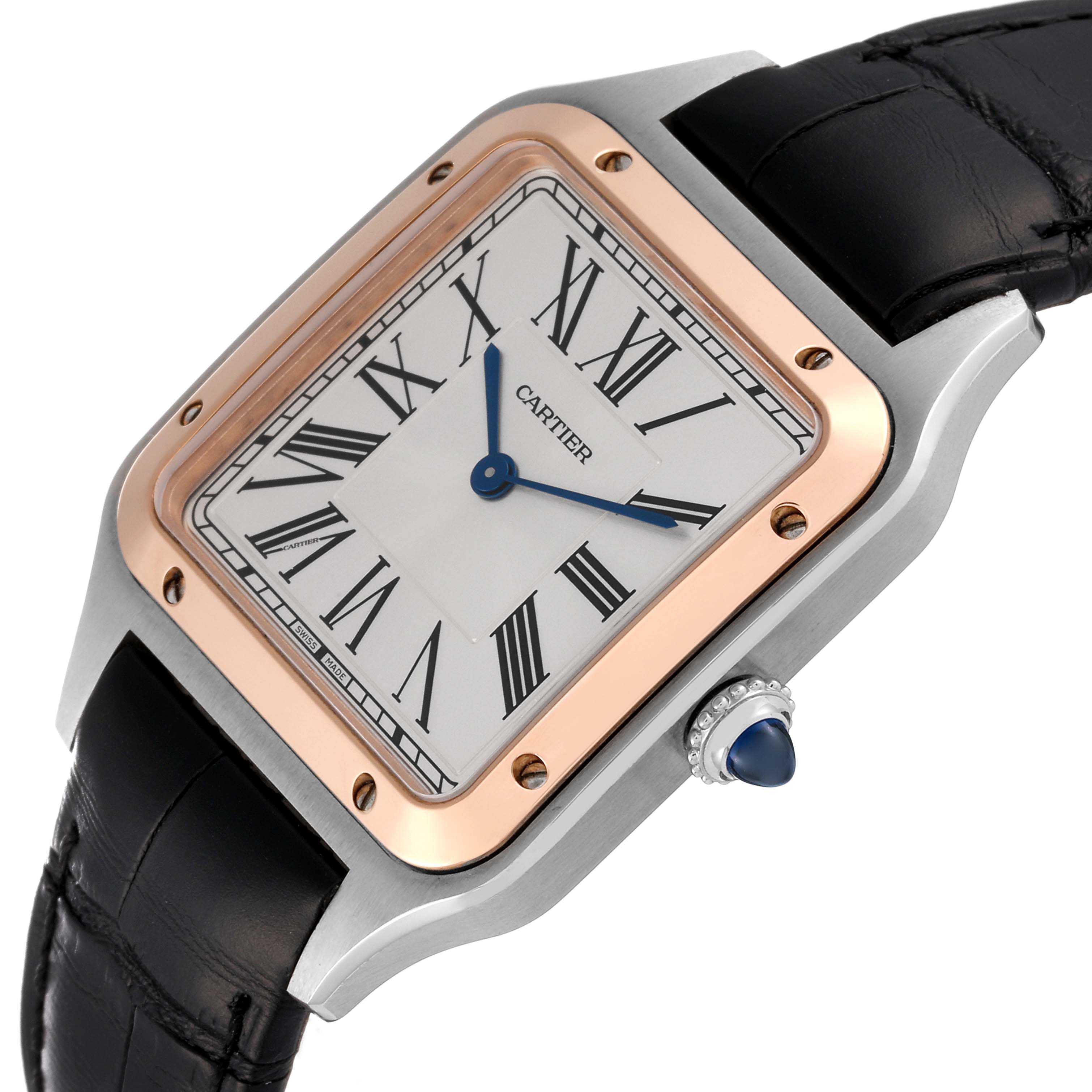 The image shows a close-up, angled view of the Cartier Santos Dumont W2SA0011 Men's Steel and Gold (two tone) Silver Dial W2SA0011 Men's Steel and Gold (two tone) Silver Dial watch, highlighting the face, bezel, crown, and strap.