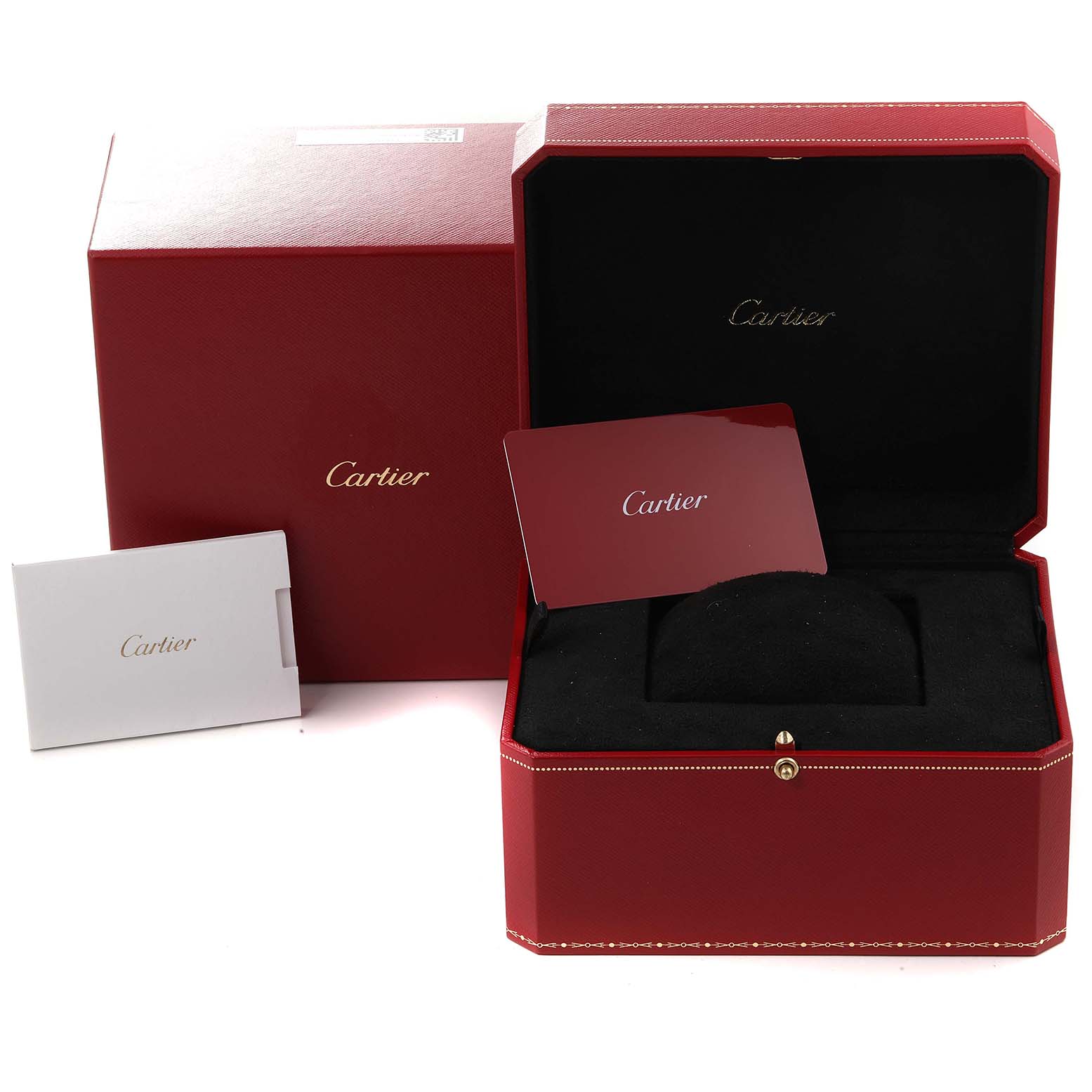 The image shows the packaging and accessories of the Santos Dumont model by Cartier, including the box, card, and booklet.