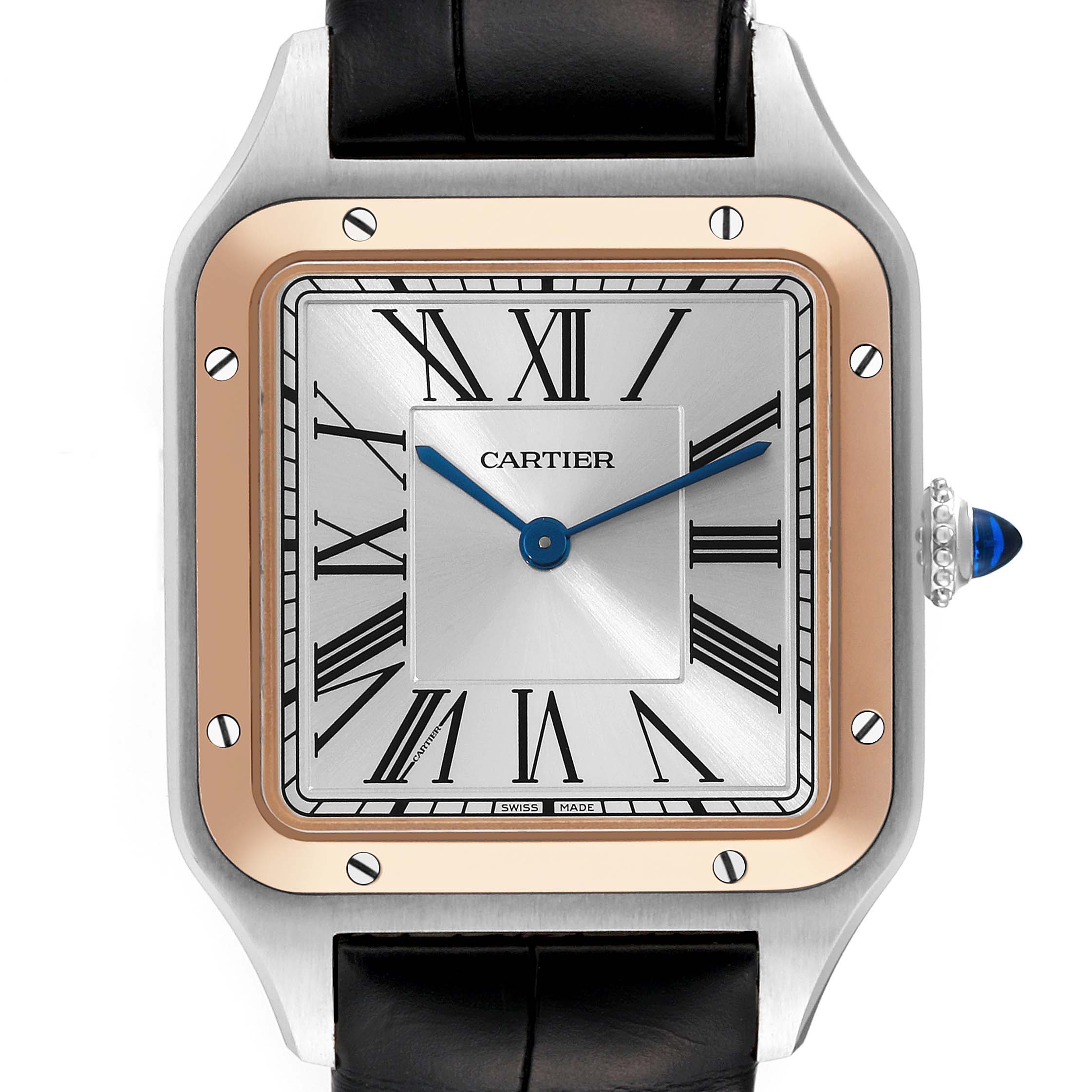 This image shows a front view of the Cartier Santos Dumont W2SA0011 Men's Steel and Gold (two tone) Silver Dial W2SA0011 Men's Steel and Gold (two tone) Silver Dial watch, highlighting its square dial with Roman numerals, blue hands, and black strap.