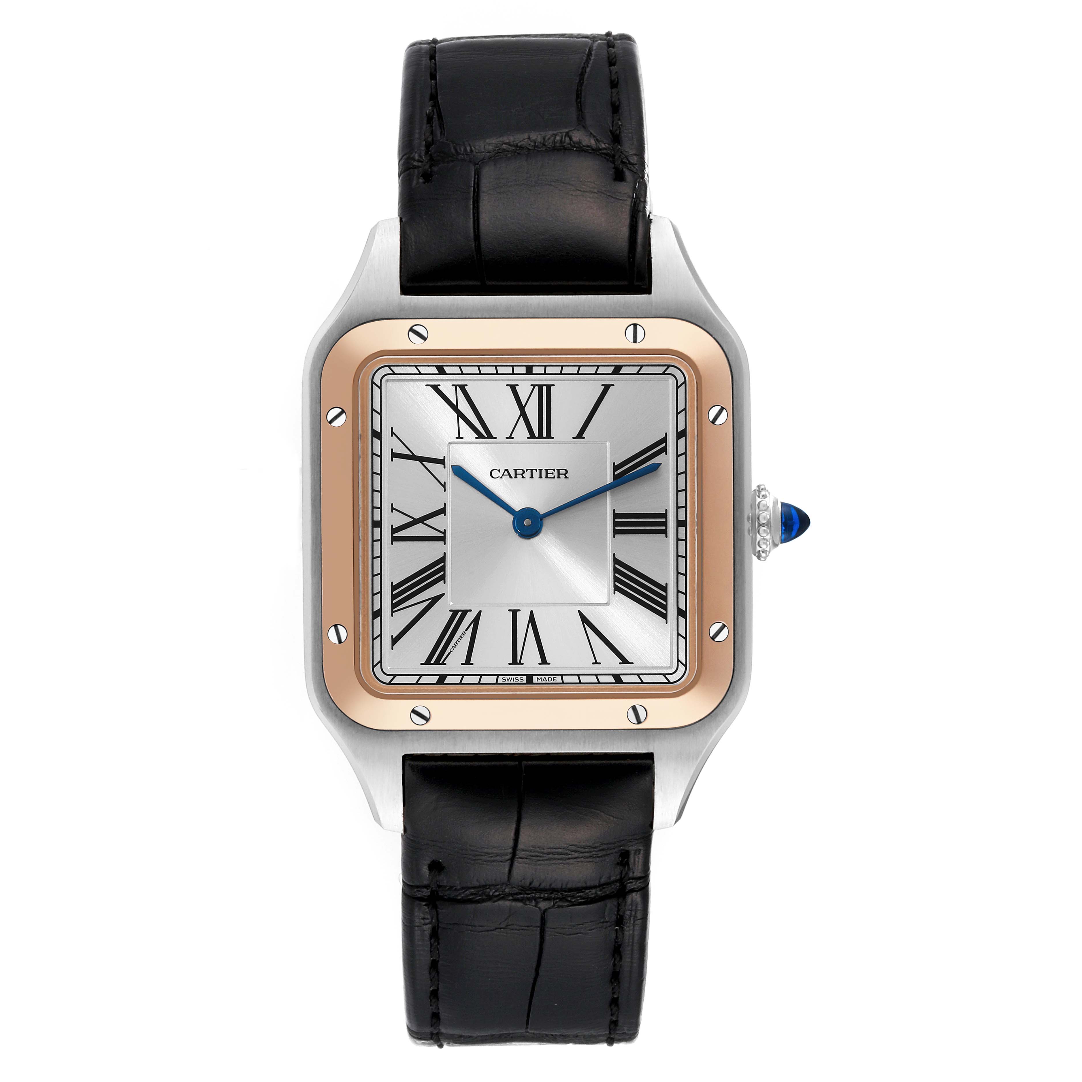 The image shows a front view of a Santos Dumont model watch by Cartier, including the face, bezel, and strap.