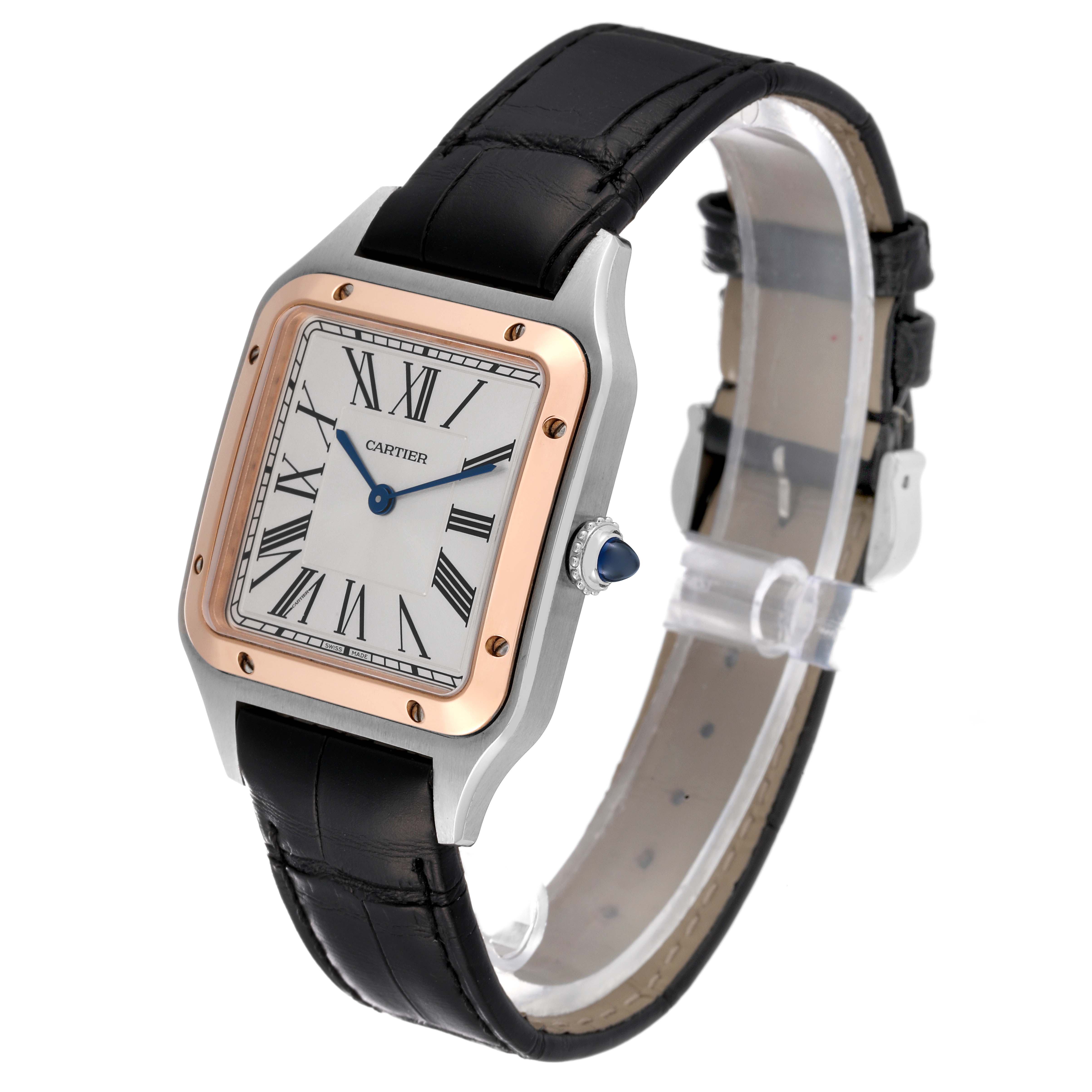 This image shows a Cartier Santos Dumont W2SA0011 Men's Steel and Gold (two tone) Silver Dial W2SA0011 Men's Steel and Gold (two tone) Silver Dial watch angled to display the face, bezel, crown, and black leather strap.