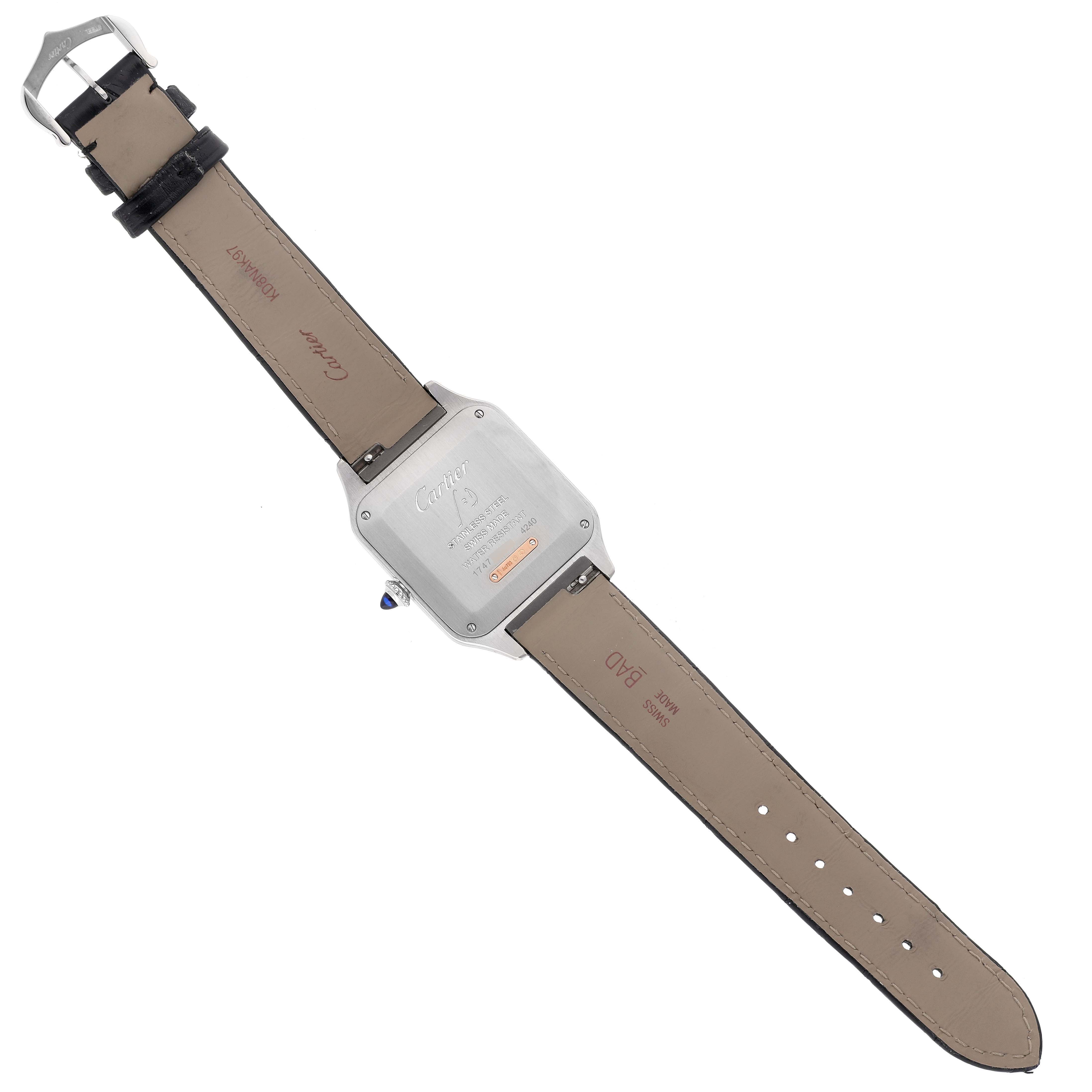 This is a Cartier Santos Dumont W2SA0011 Men's Steel and Gold (two tone) Silver Dial W2SA0011 Men's Steel and Gold (two tone) Silver Dial watch viewed from the back, showing the watch's rectangular case and leather strap.