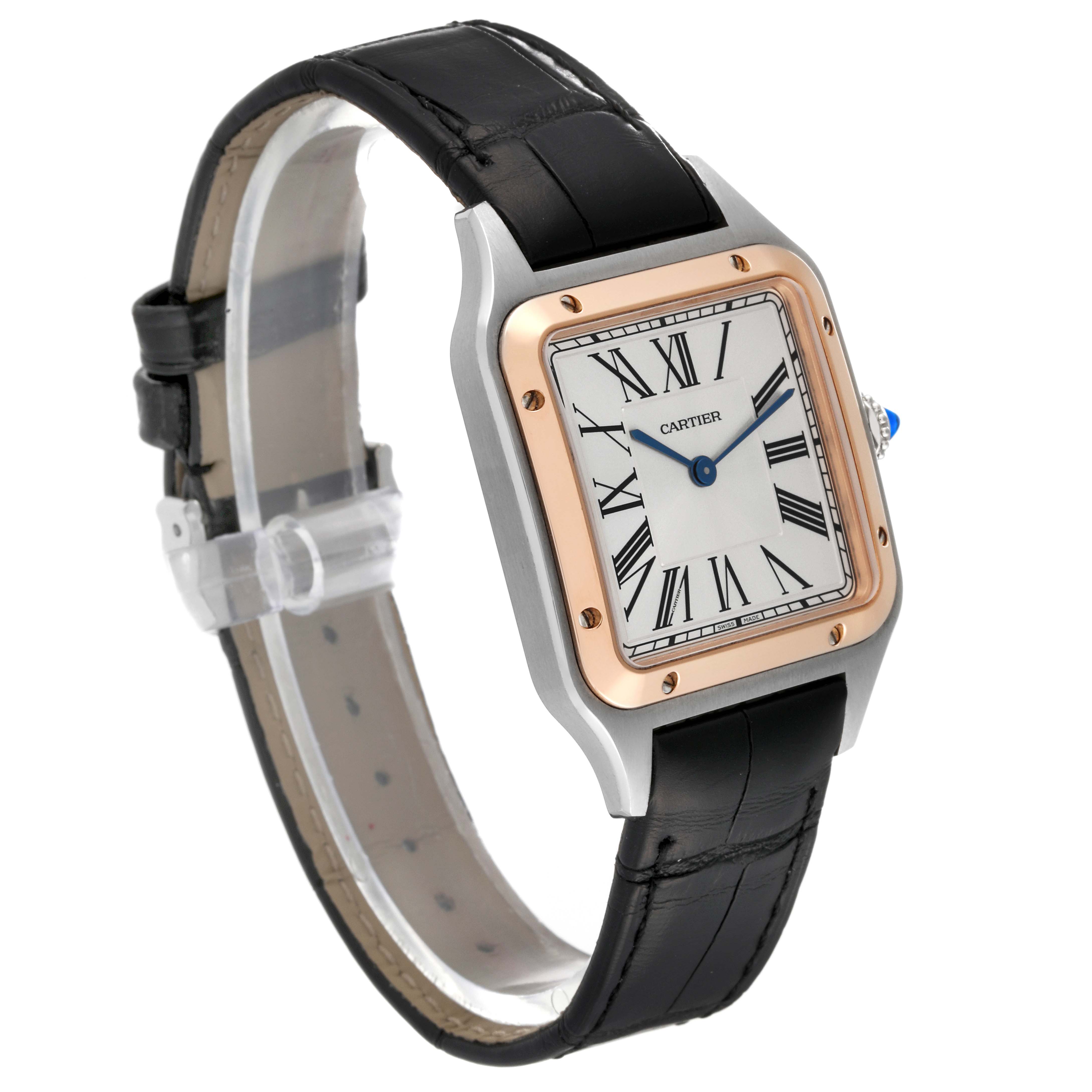 The image shows a Cartier Santos Dumont W2SA0011 Men's Steel and Gold (two tone) Silver Dial W2SA0011 Men's Steel and Gold (two tone) Silver Dial watch angled to display the watch face, case, and leather strap.