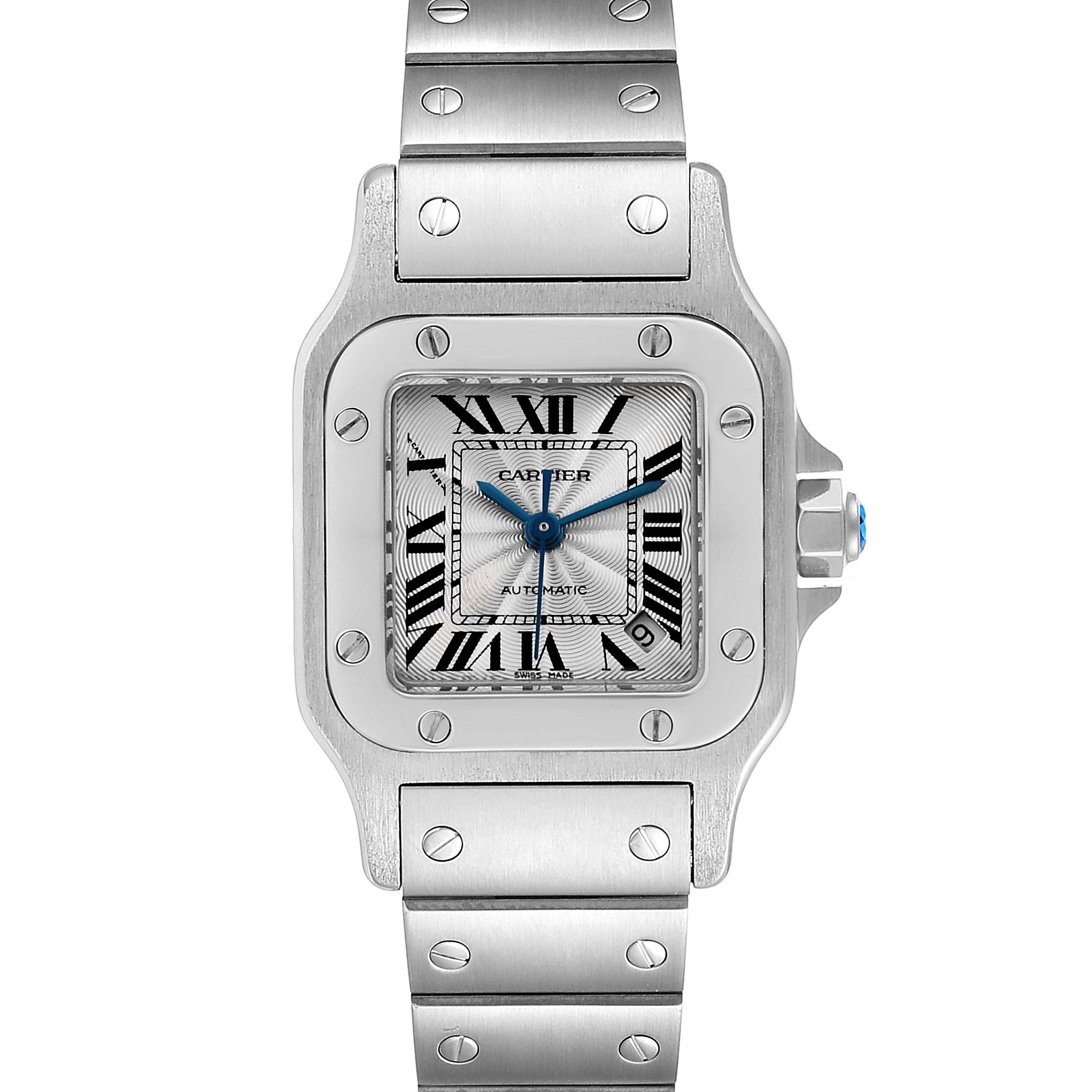 The image shows a frontal view of a Cartier Santos W20044D6 Women's Stainless Steel Silver Dial W20044D6 Women's Stainless Steel Silver Dial watch, showcasing the face, bezel, and part of the bracelet.