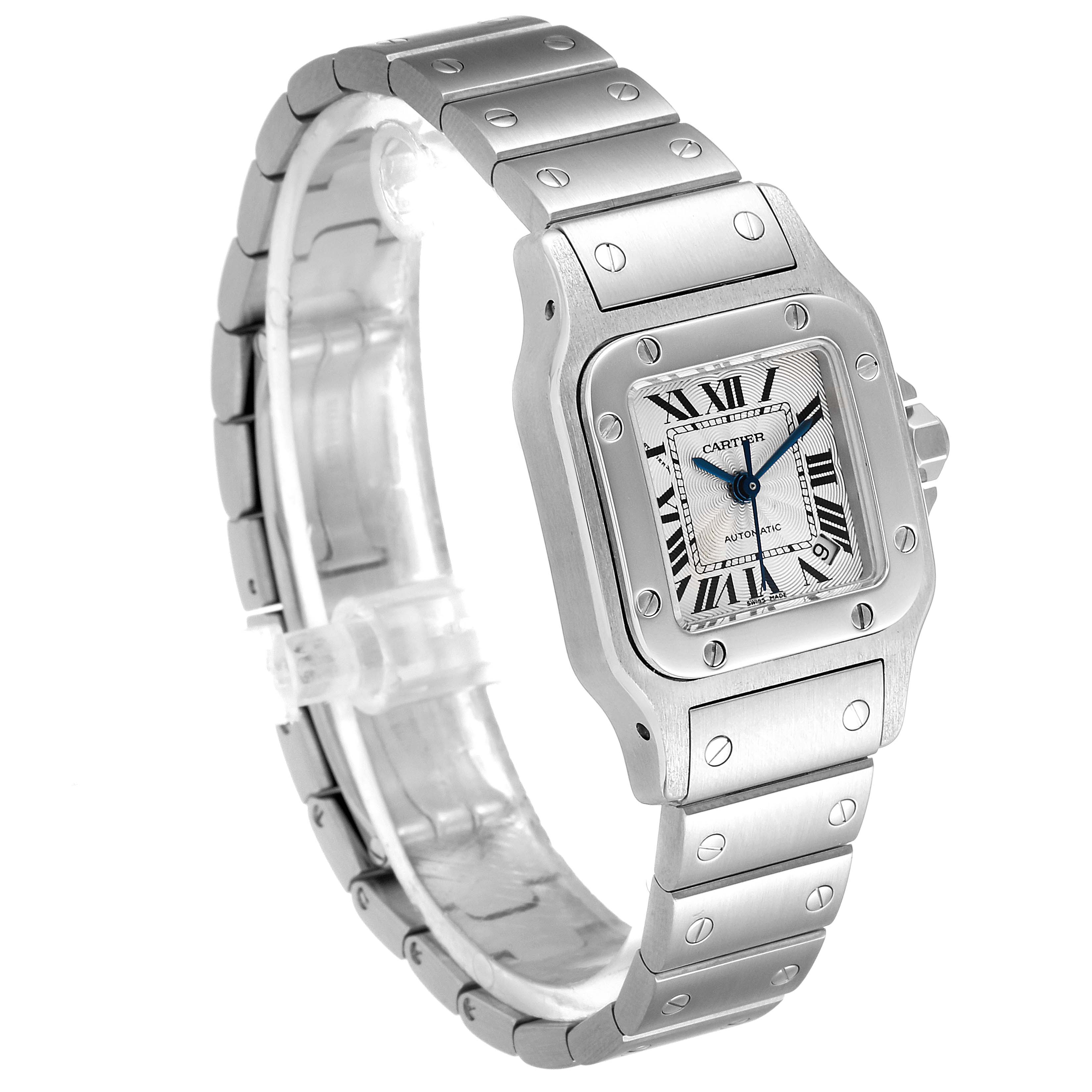 The image shows a front and partial side view of a Cartier Santos W20044D6 Women's Stainless Steel Silver Dial W20044D6 Women's Stainless Steel Silver Dial watch, highlighting the dial, bezel, and bracelet.