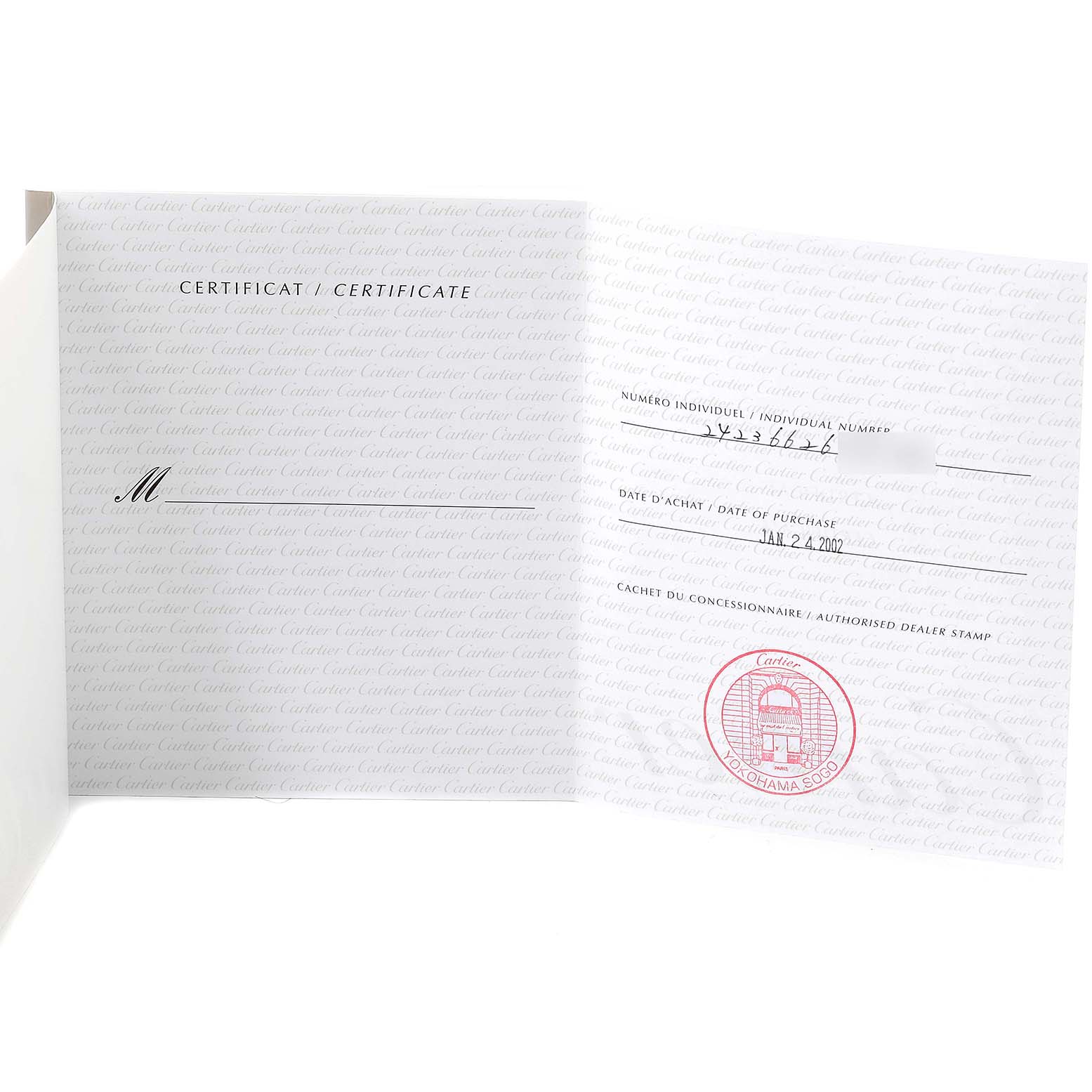 This image shows an open certificate of authenticity for a Santos model by Cartier, displaying individual number and purchase date.