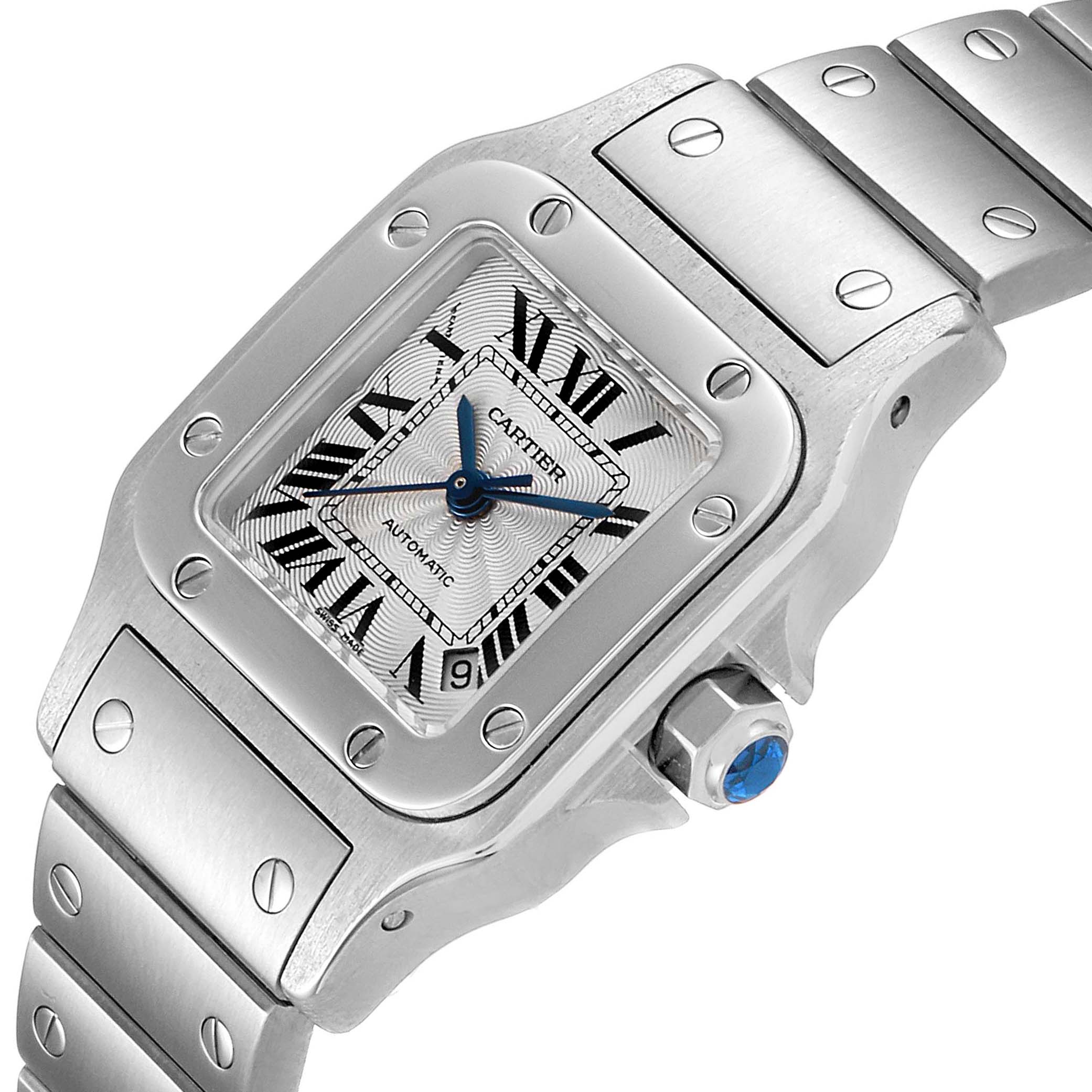 The image shows a Cartier Santos W20044D6 Women's Stainless Steel Silver Dial W20044D6 Women's Stainless Steel Silver Dial watch angled to display the front face and part of the metal bracelet and side crown.