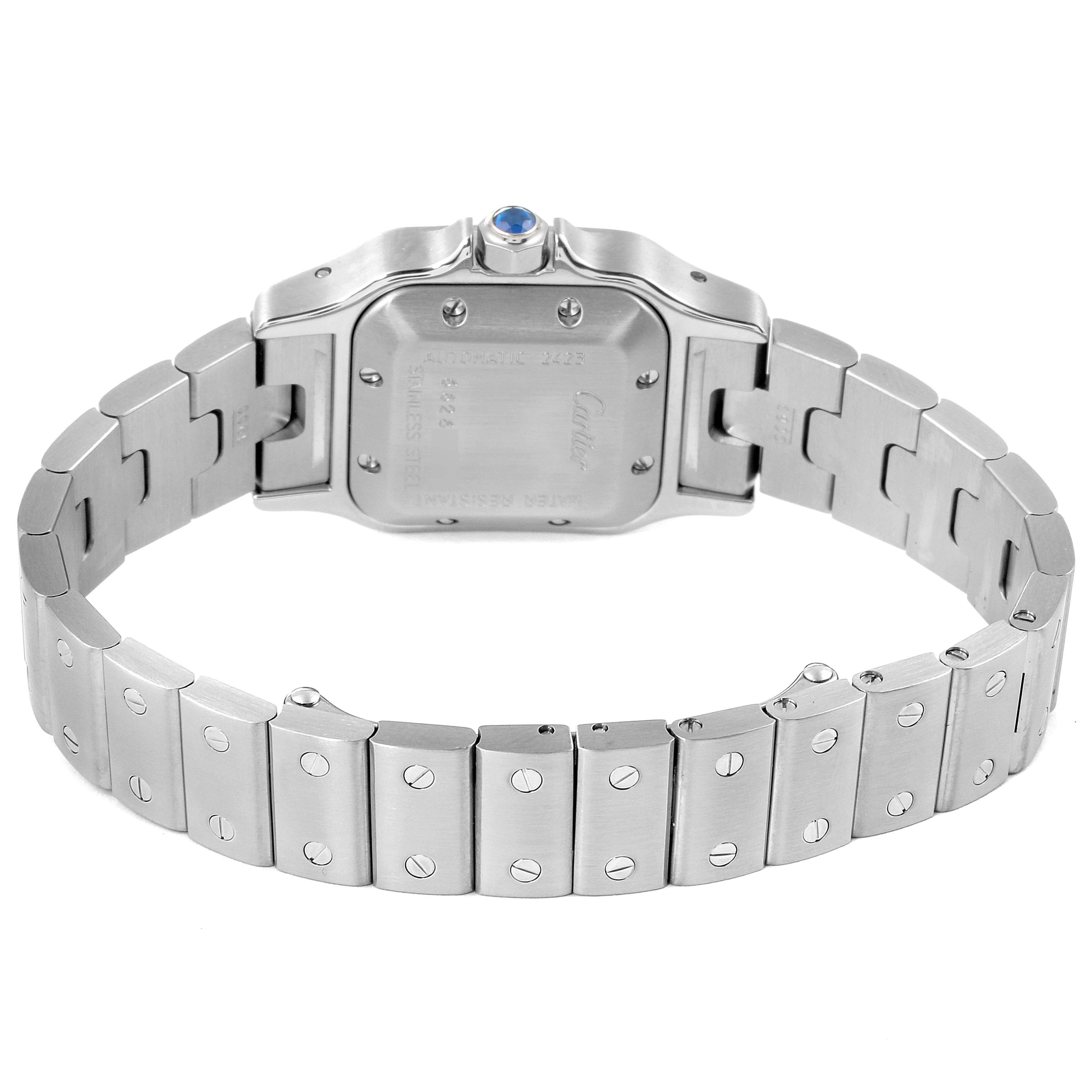 This image shows the backside and bracelet of a Cartier Santos W20044D6 Women's Stainless Steel Silver Dial W20044D6 Women's Stainless Steel Silver Dial watch, highlighting the clasp and case back.