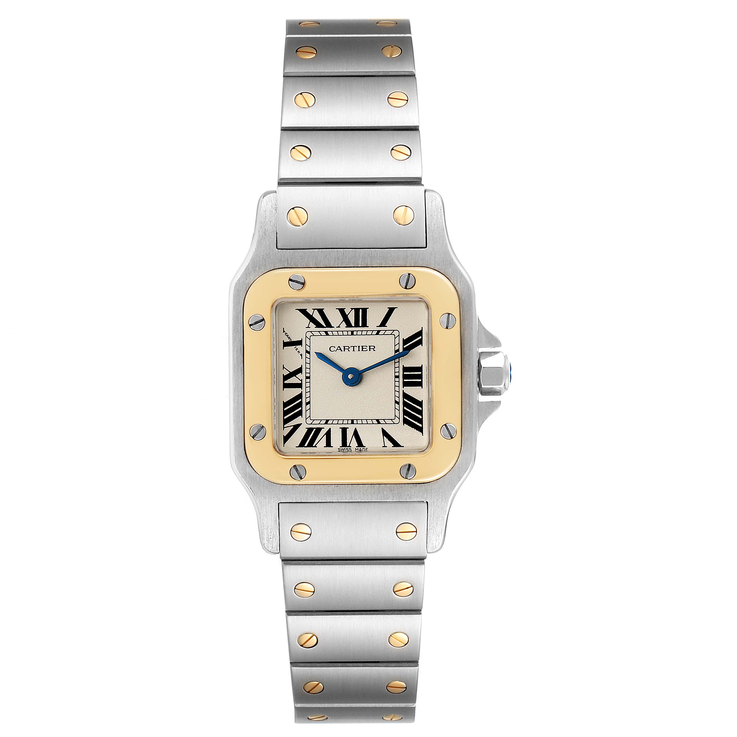 This image shows a Cartier Santos W20012C4 Women's Steel and Gold (two tone) Silver Dial W20012C4 Women's Steel and Gold (two tone) Silver Dial watch from a top-down angle, featuring its face, bezel, and bracelet with visible screws.