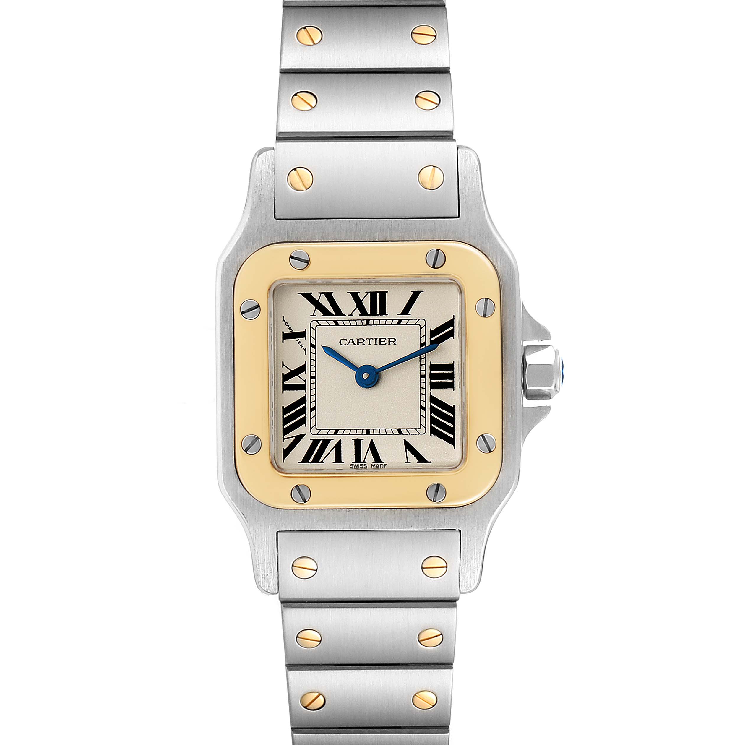 The image shows a front view of the Cartier Santos W20012C4 Women's Steel and Gold (two tone) Silver Dial W20012C4 Women's Steel and Gold (two tone) Silver Dial watch, highlighting its square face, Roman numerals, and metal bracelet.