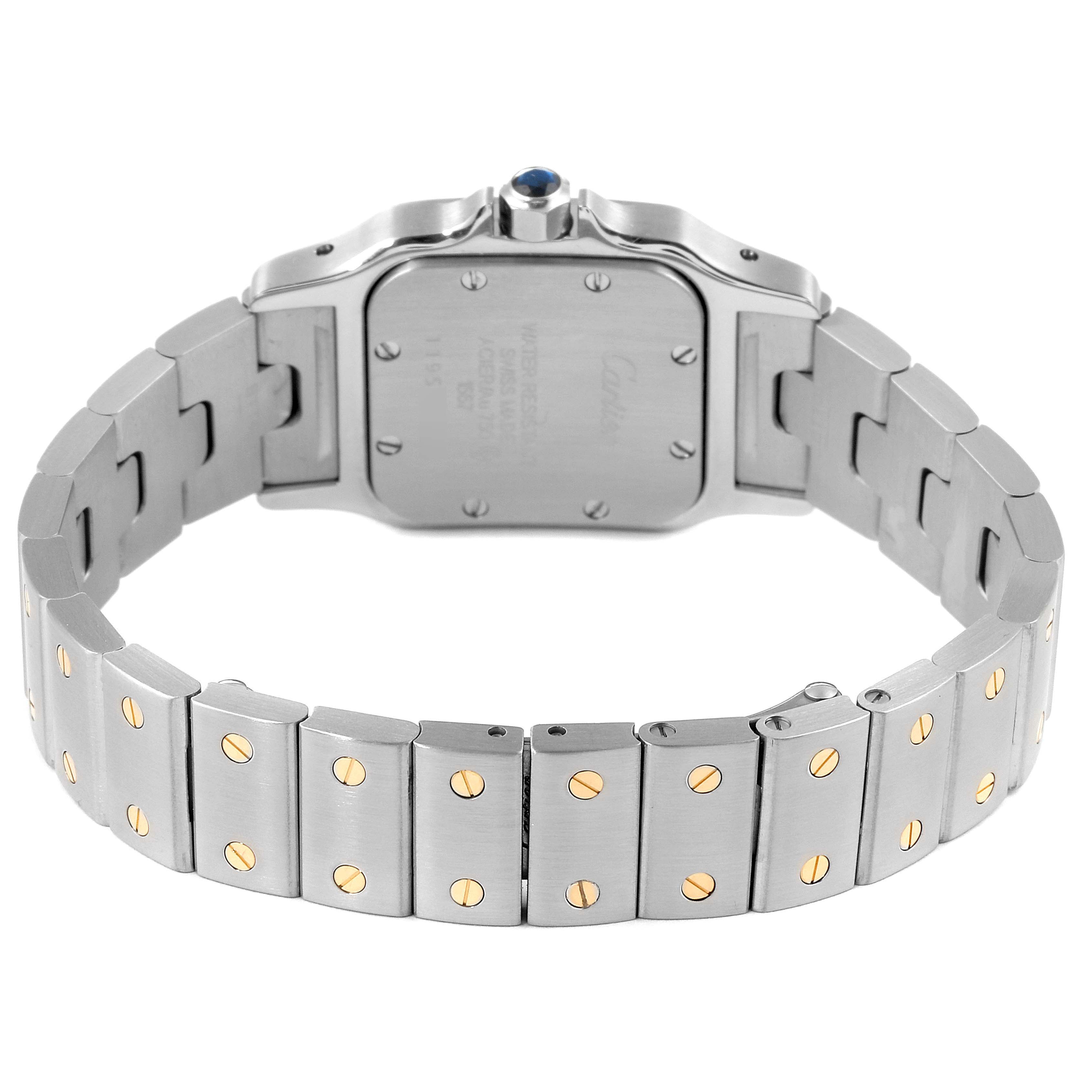 This image shows the back view of a Cartier Santos W20012C4 Women's Steel and Gold (two tone) Silver Dial W20012C4 Women's Steel and Gold (two tone) Silver Dial watch, highlighting its bracelet and case back.