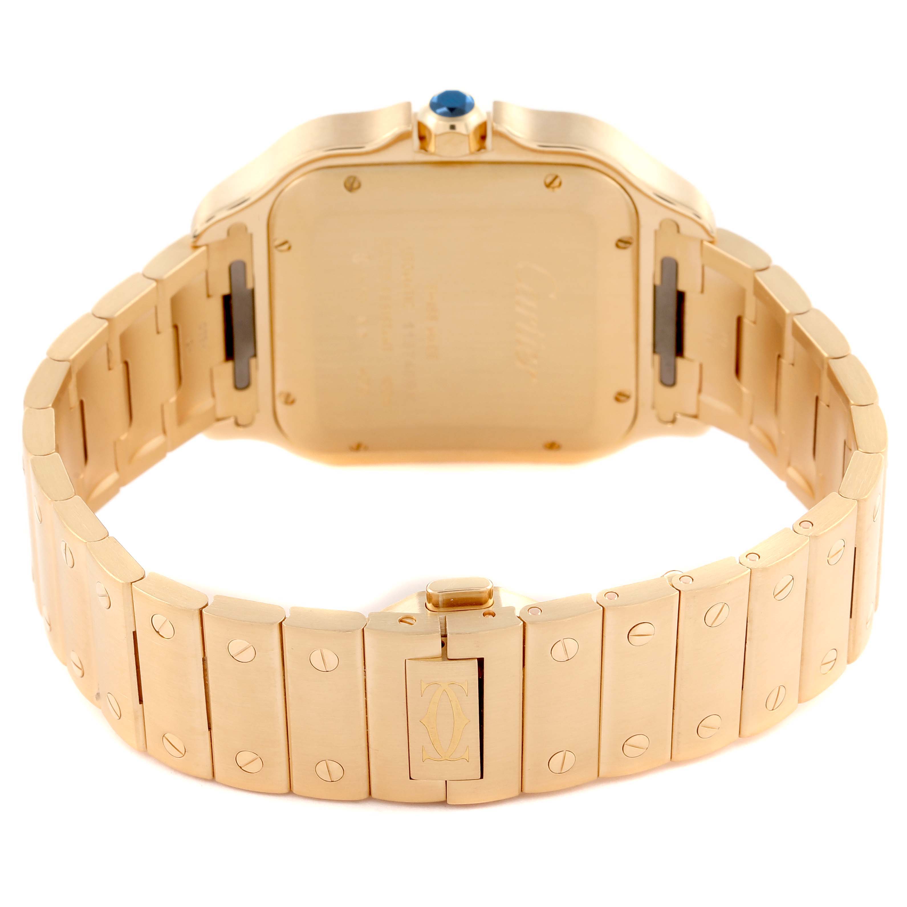 The Cartier Santos WGSA029 Men's Yellow Gold Silver Dial WGSA029 Men's Yellow Gold Silver Dial watch is shown from the back, highlighting the case, bracelet, and clasp.