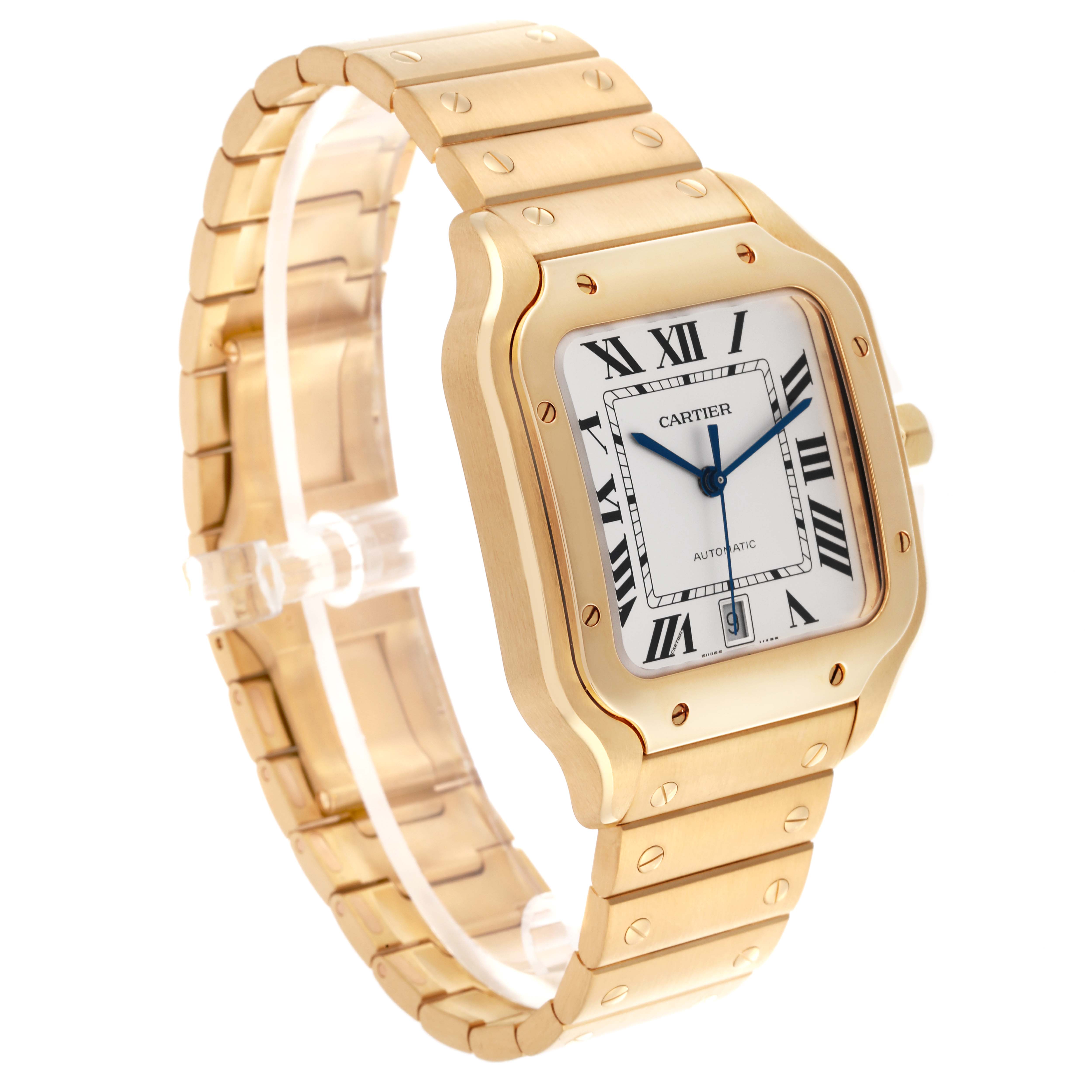 The Cartier Santos WGSA029 Men's Yellow Gold Silver Dial WGSA029 Men's Yellow Gold Silver Dial watch is shown at a slight angle, highlighting the face, bezel, case, and part of the bracelet.