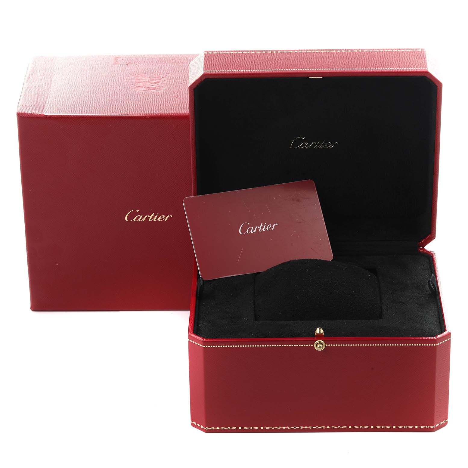 The image shows a Cartier Santos WGSA029 Men's Yellow Gold Silver Dial WGSA029 Men's Yellow Gold Silver Dial watch box, open with a card, highlighting its packaging.