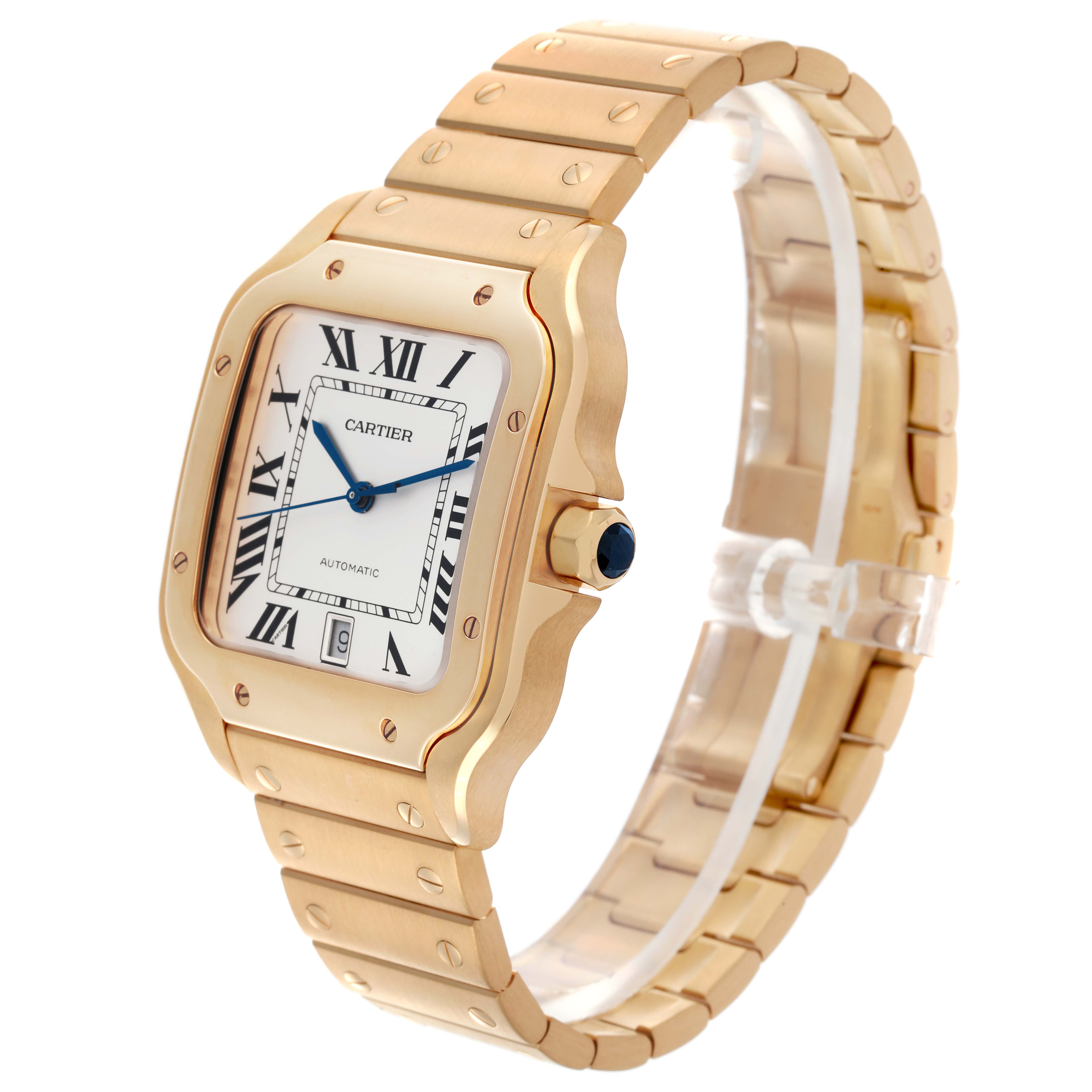 The Cartier Santos WGSA029 Men's Yellow Gold Silver Dial WGSA029 Men's Yellow Gold Silver Dial watch is shown at a three-quarter angle, highlighting the face, bezel, crown, and gold bracelet.