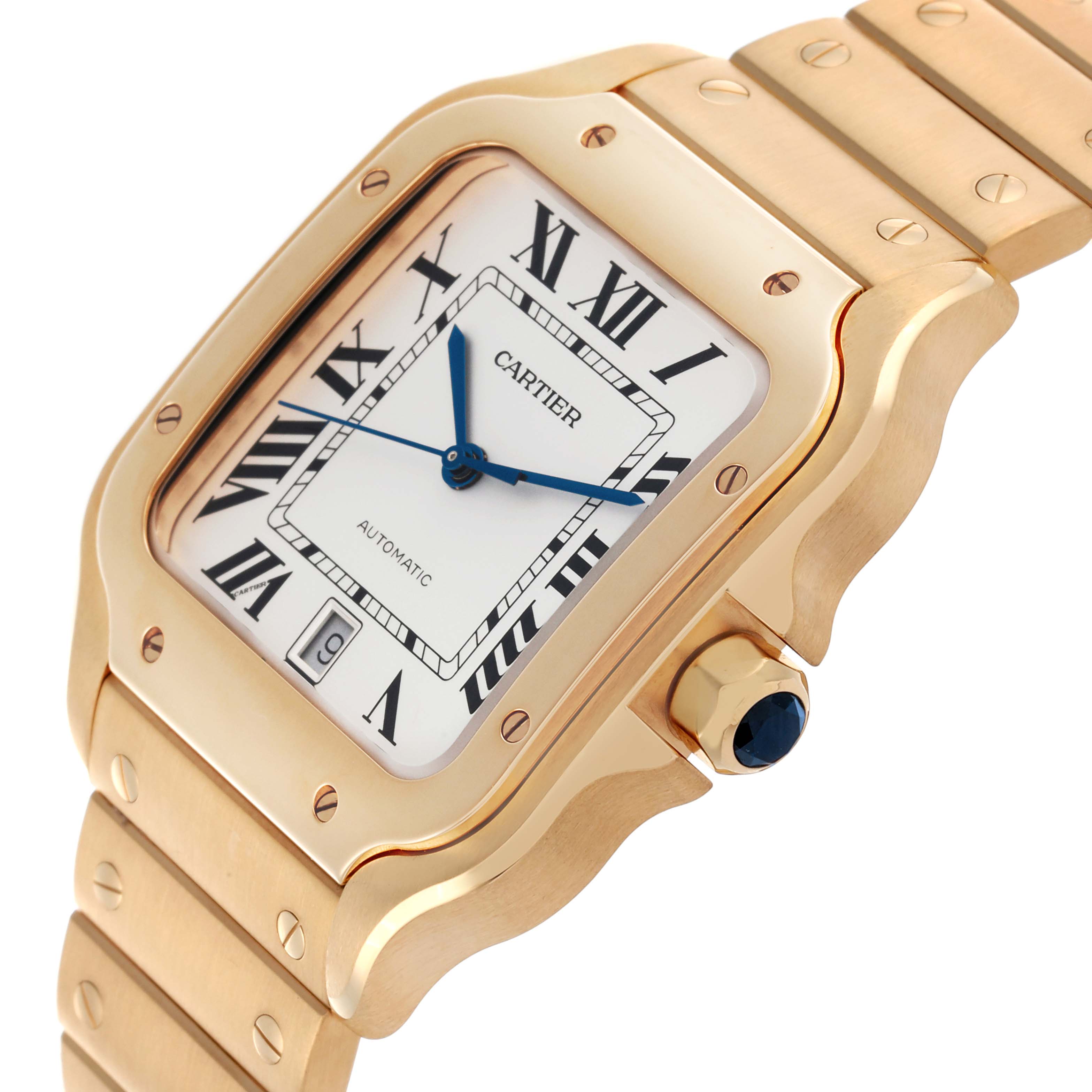 The Cartier Santos WGSA029 Men's Yellow Gold Silver Dial WGSA029 Men's Yellow Gold Silver Dial watch is shown at an angle highlighting the gold case, dial, crown, and part of the bracelet.