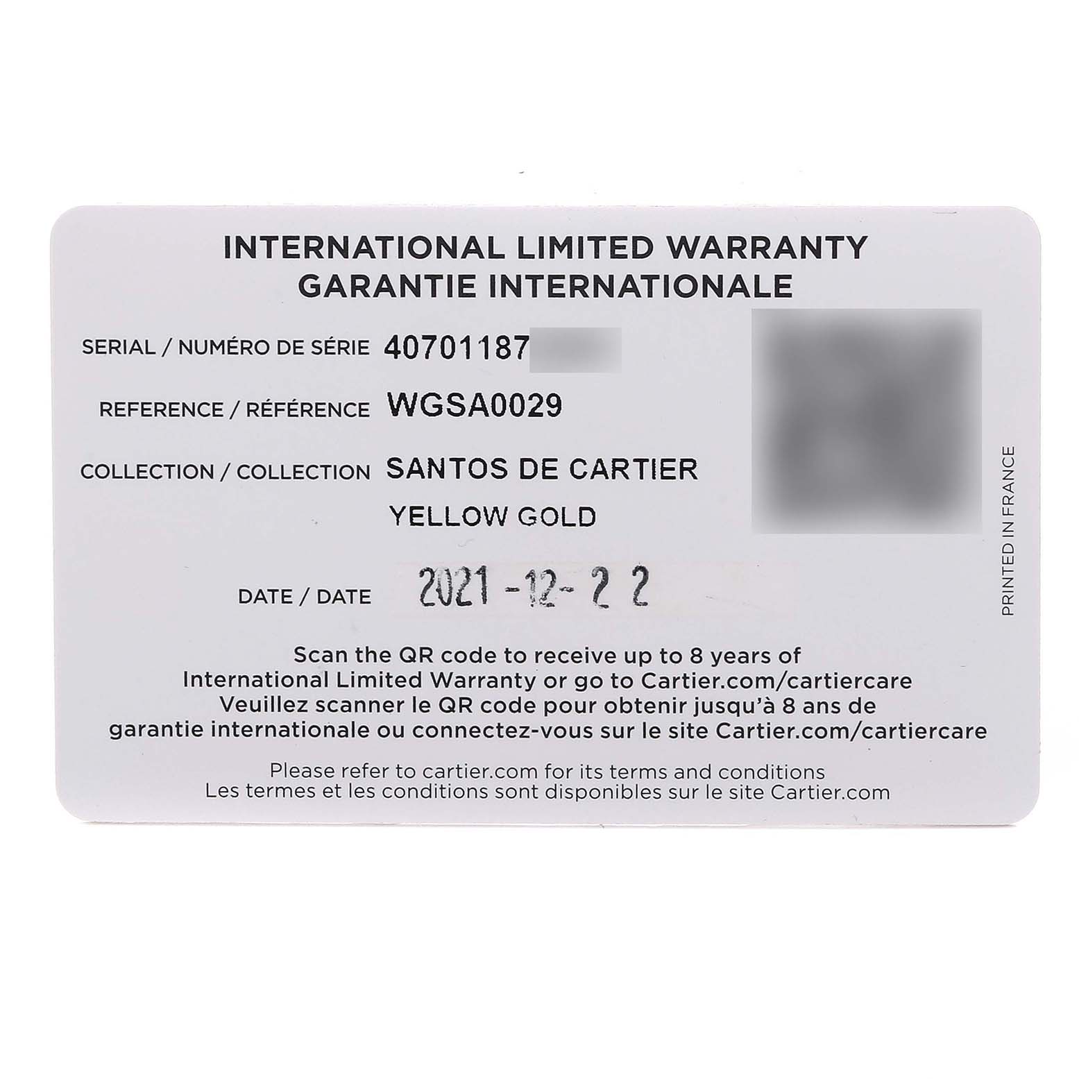 The image shows an International Limited Warranty card for the Santos de Cartier model.
