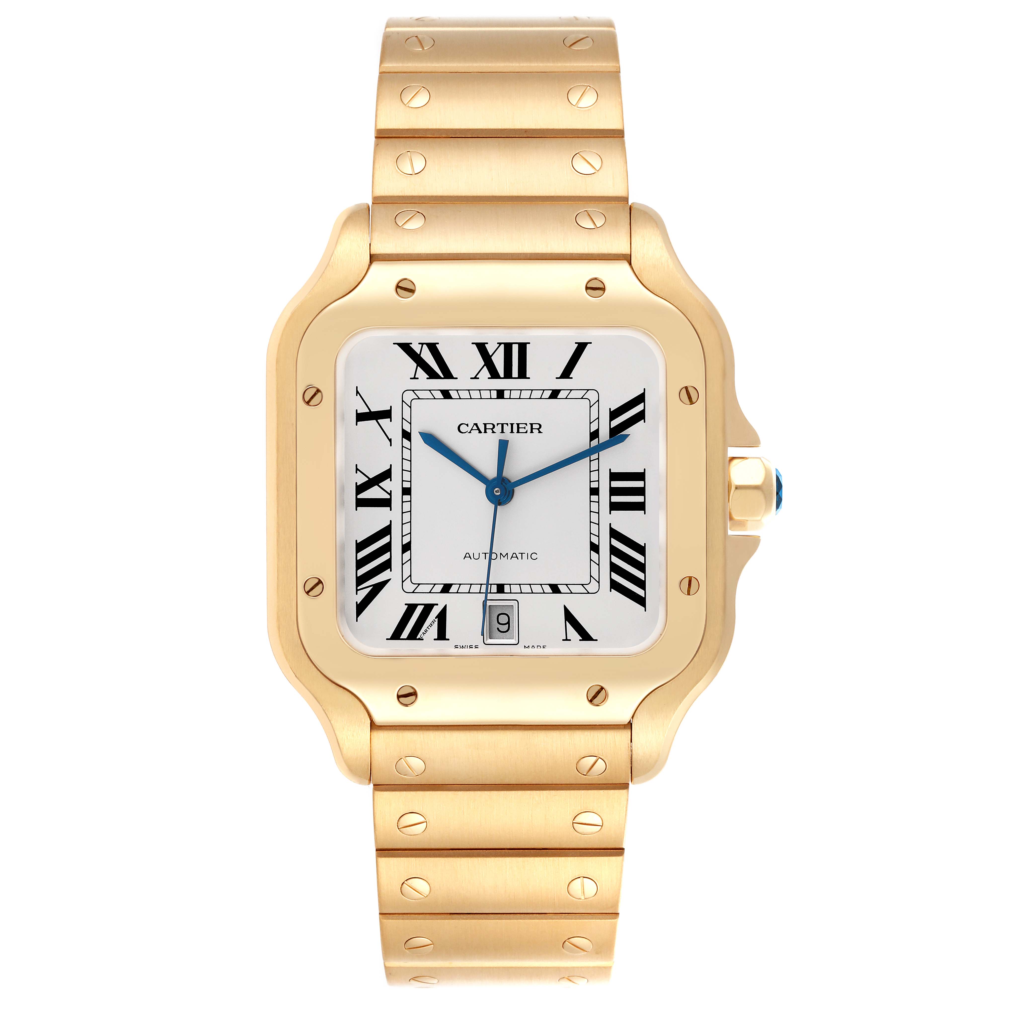 The Cartier Santos WGSA029 Men's Yellow Gold Silver Dial WGSA029 Men's Yellow Gold Silver Dial watch is shown from the front, featuring its gold case, bracelet, and Roman numeral dial.